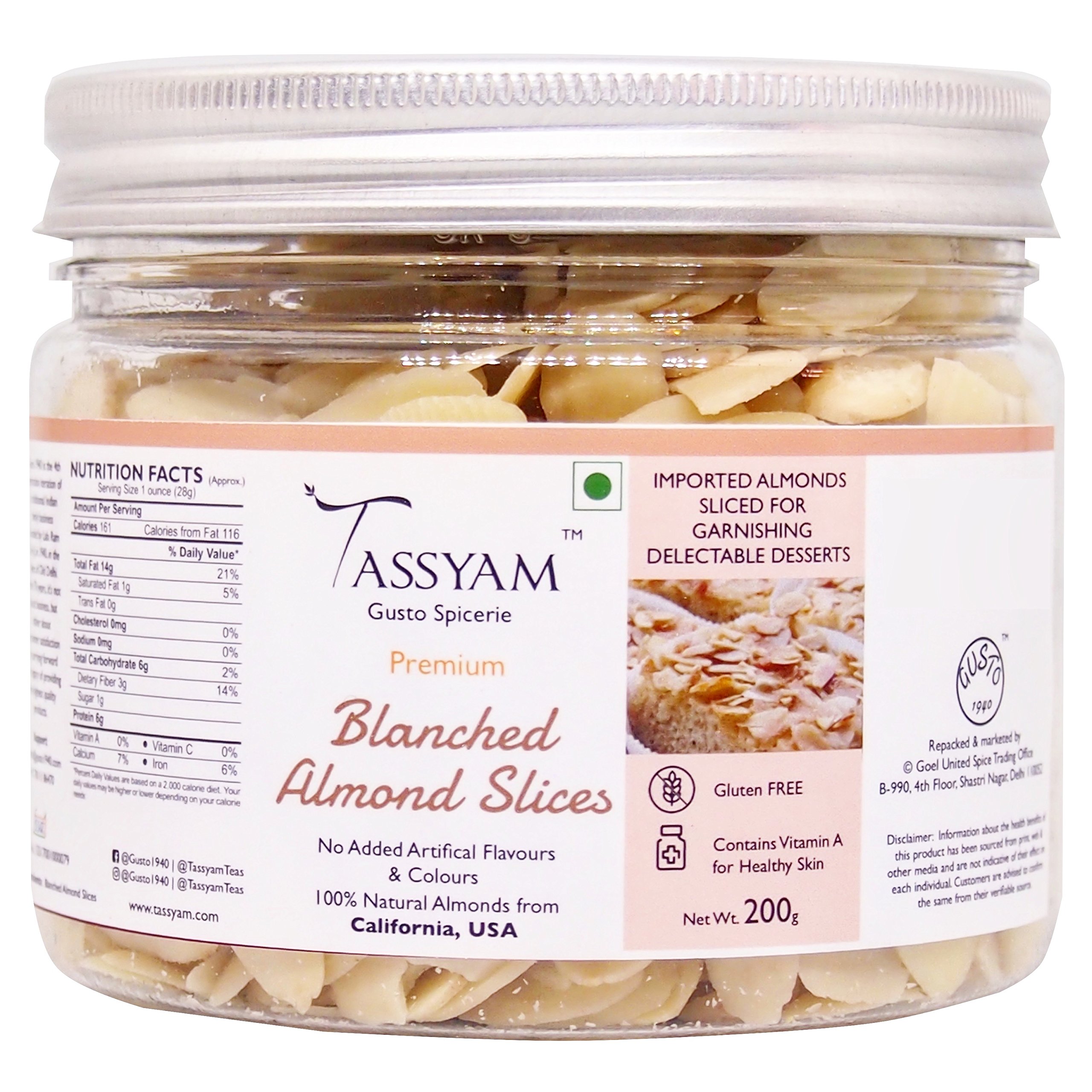 Tassyam Blanched Almond Slices, 200g Premium Jar
