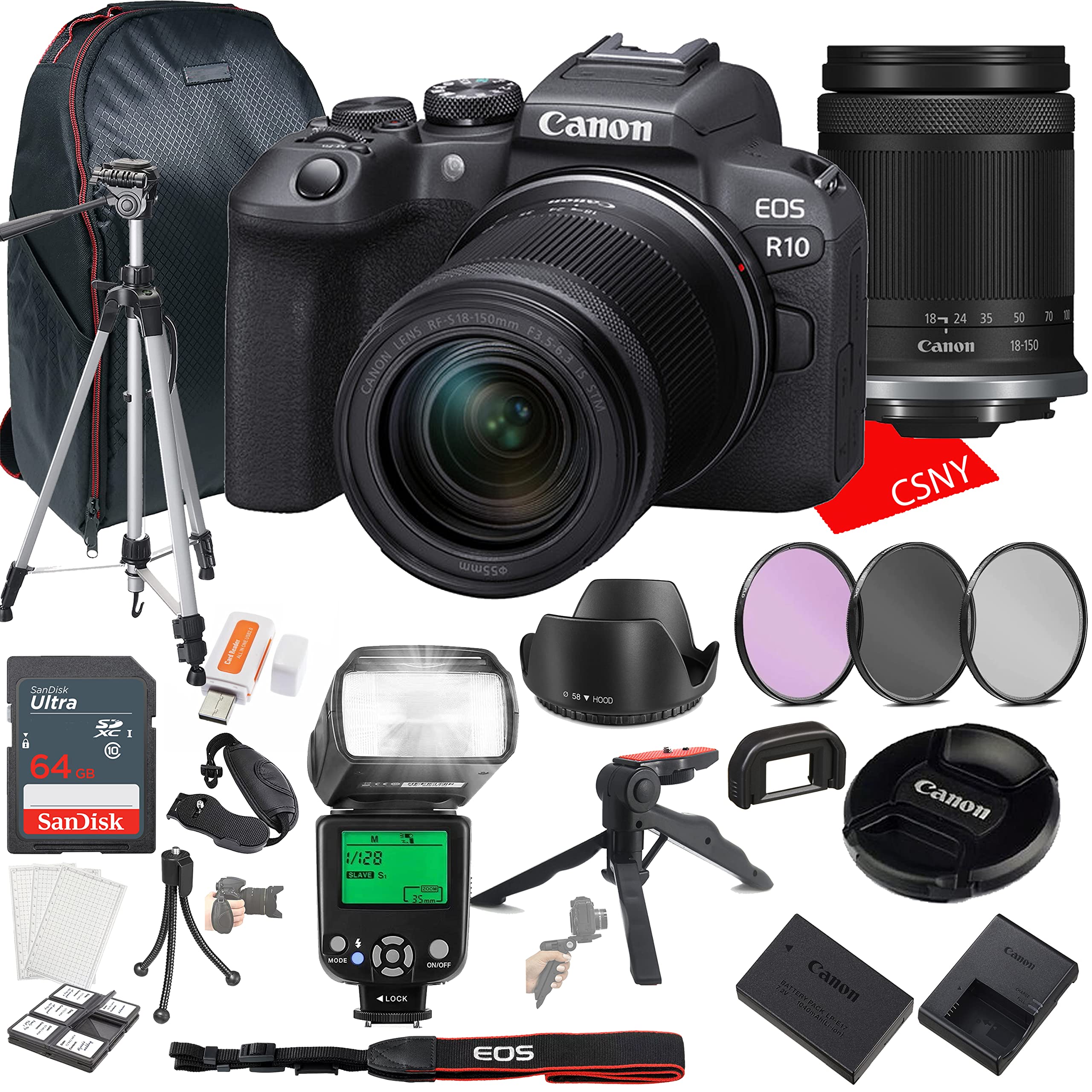 Canon EOS R10 Mirrorless Camera w/RF-S 18-150mm f/3.5-6.3 is STM Lens + 64GB Memory + Back Pack Case + Tripod, TTL Flash, Filters, & More (28pc Bundle)