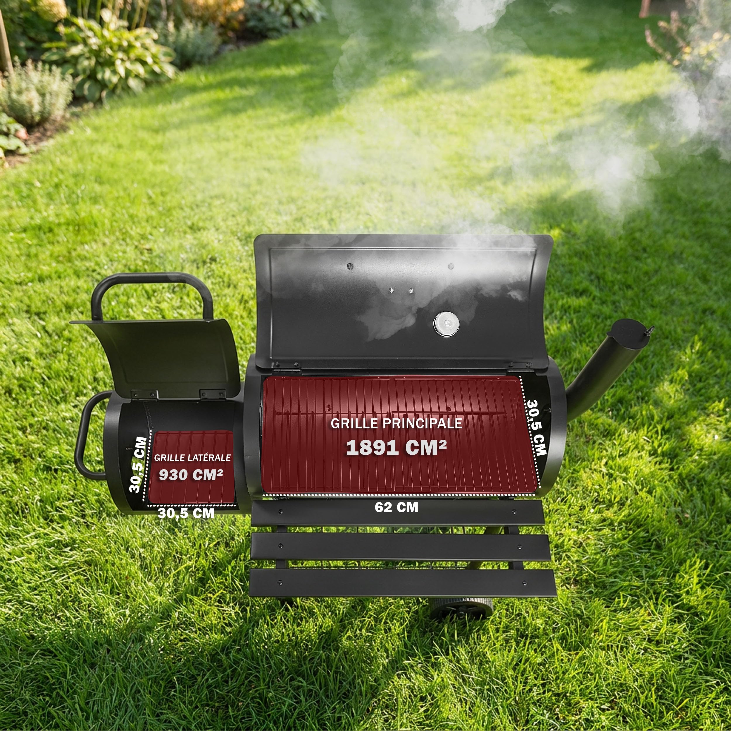 LEHMANN Barbecue Charbon de Bois et Fumoir 2 en 1, Grille XXL, Couvercle avec Thermomètre, Tablette Pliable, BBQ mobile 2 Roues