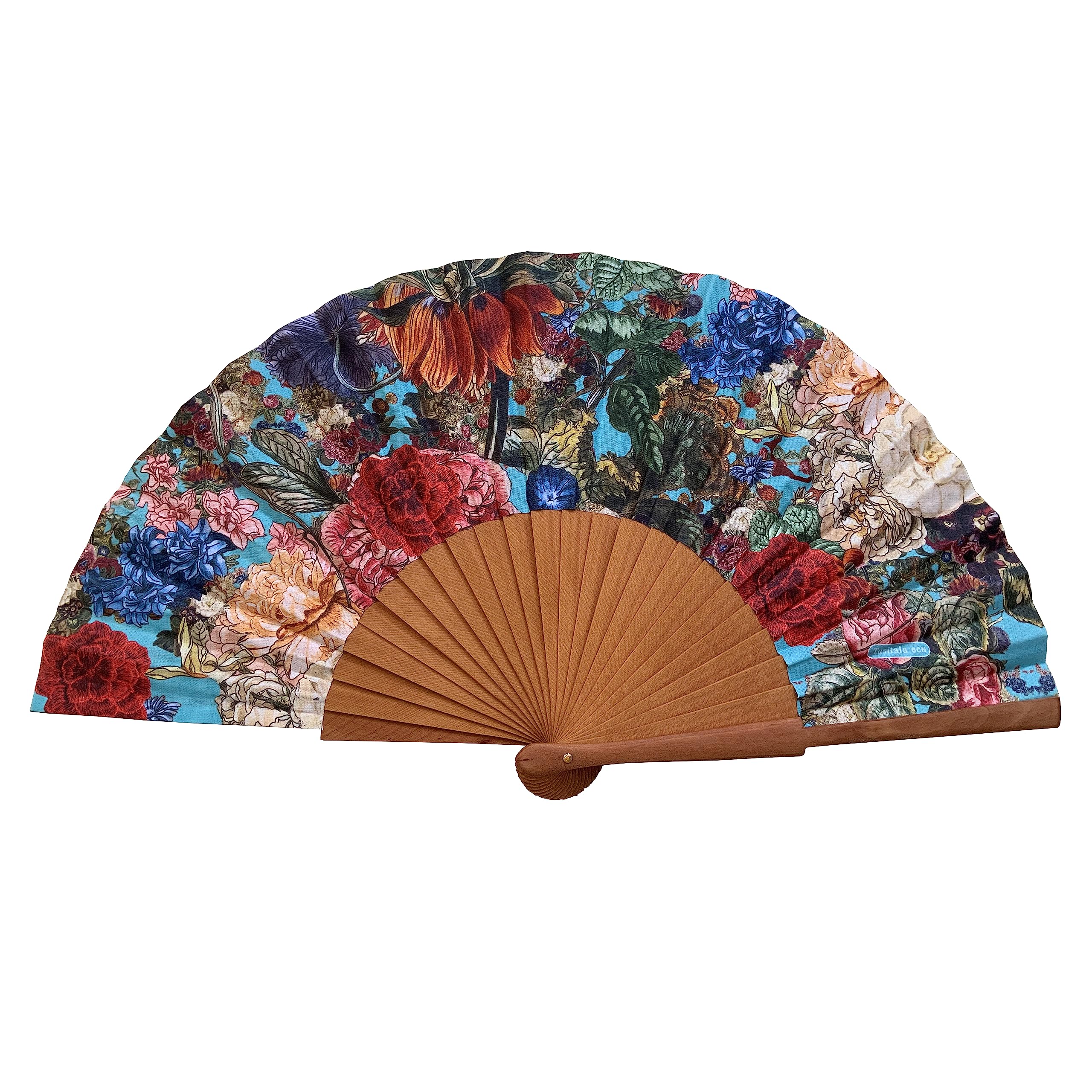 Spanischer Handfächer Triana – Holz und Baumwolle – 23 cm – Etui und Hülle aus Jute – Modeaccessoire – Handgefertigt in Spanien – Events und Geschenke – Blumenkollektion – Tusitala Barcelona