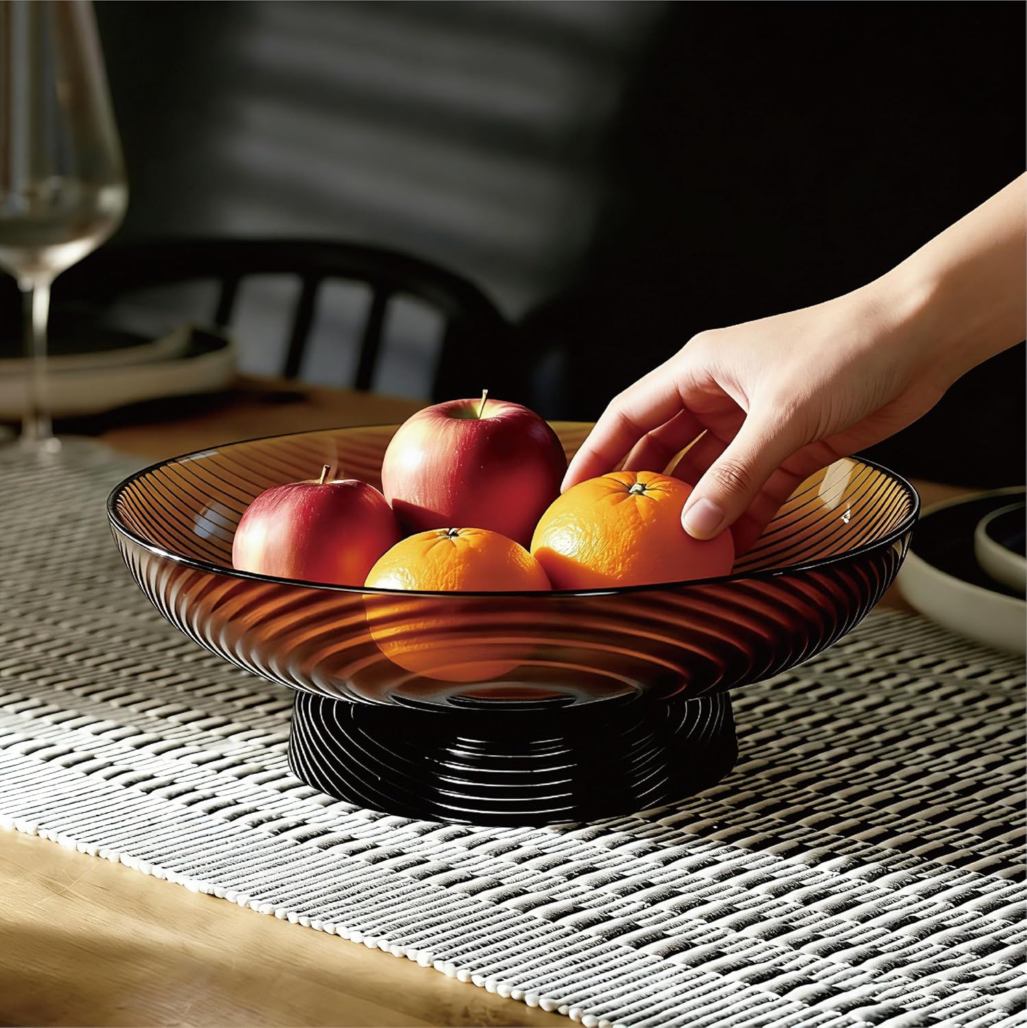 12” Ribbed Pedestal Decorative Bowl - Elegant Glass Centerpiece for Fruit & Decor (Amber)