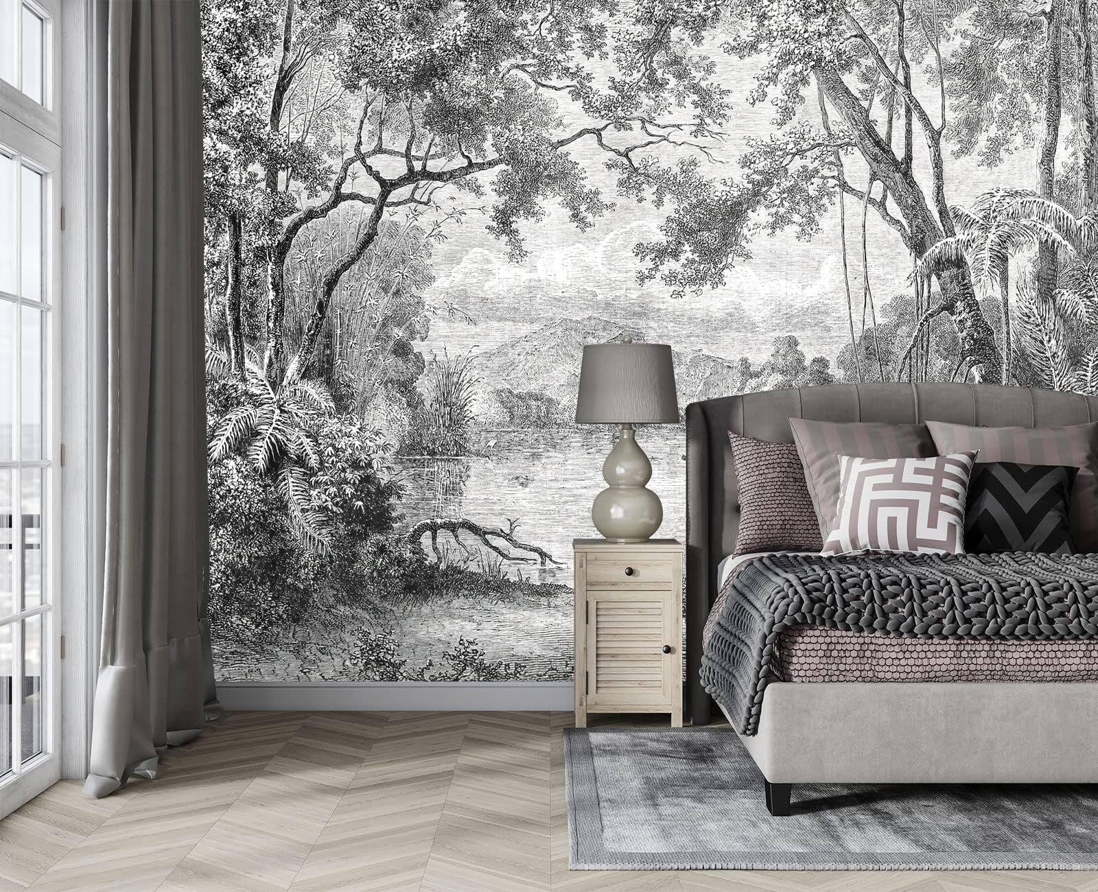 Papel Pintado Pared 3D Papel Tapiz 250X175（Ancho X Altura） Blanco Y Negro Jungle Fotomurales 3D Tv Fondo Pared Dormitorio Murales Papel Tapiz Moderno