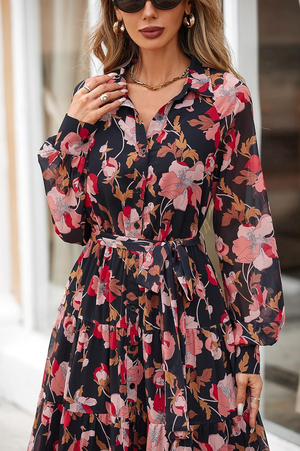 PRETTYGARDEN Womens Spring Dress 2026 Casual Long Sleeve Button Down Belted Boho Floral Flowy Maxi Wedding Guest Dresses - Image 4