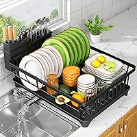 Kmiectse Space-Saving Dish Drying Rack - Rust-Resistant Compact Kitchen Counter Drainer with Utensil Holder, Black (15.2x11.2x5.7")