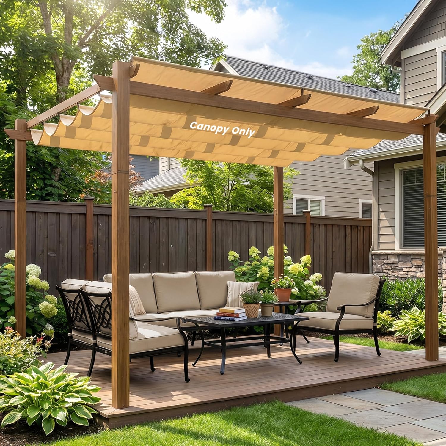OLILAWN 10' X 12' Outdoor Retractable Pergola Shade Cover, UV Protection Sun Shade Waterproof Canopy Replacement for Outdoor Roof Patio Garden Porch Grape Trellis Pergola, Khaki