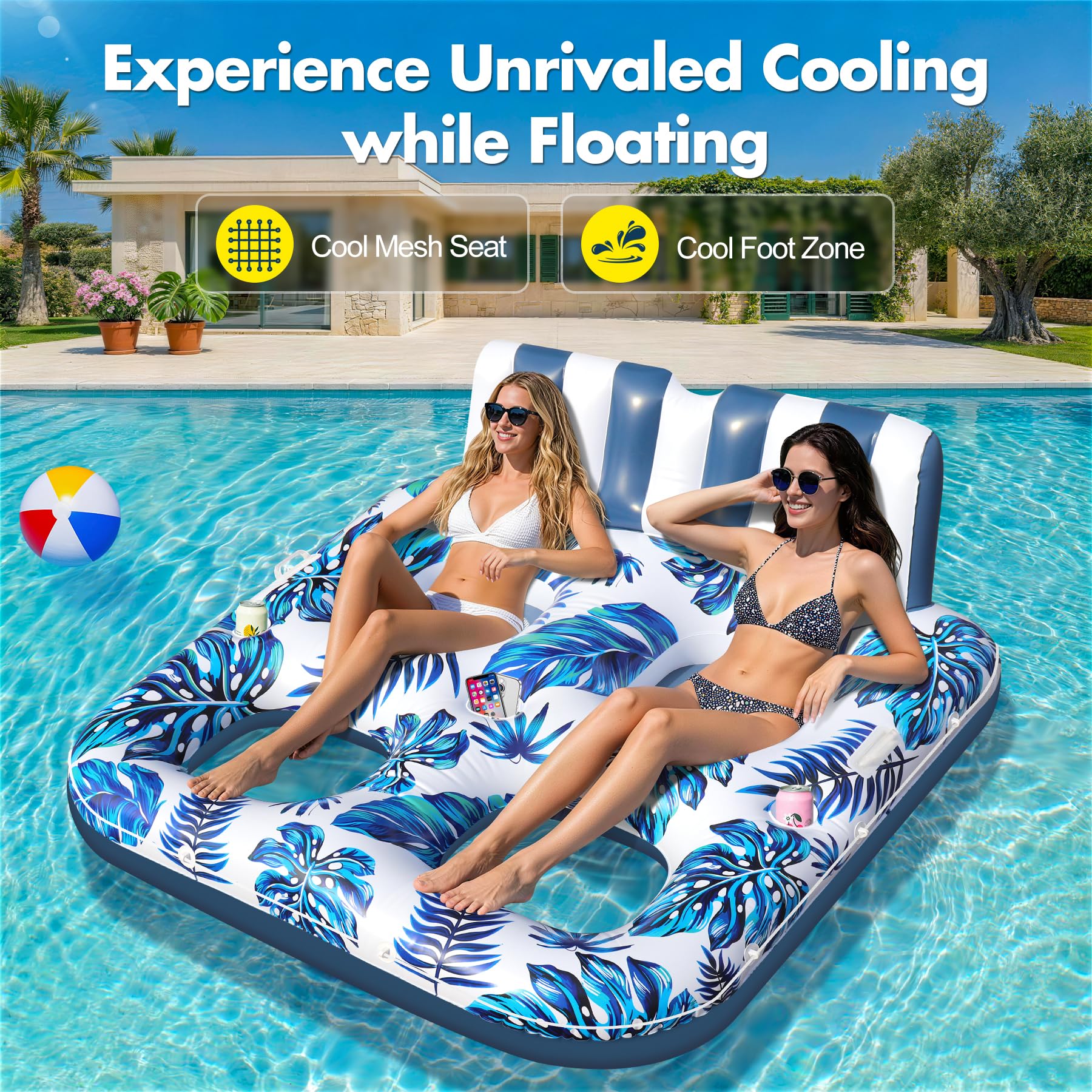 LuxBlue Pool Sessel Aufblasbar 2 Personen, Schwimmsessel für Pools Erwachsene mit Getränkehalter&Griff, Groß Pools Sitz Aufblasbar Luftmatratze Pool mit Netz, Urlaub Luftmatratze Wasser Erwachsene