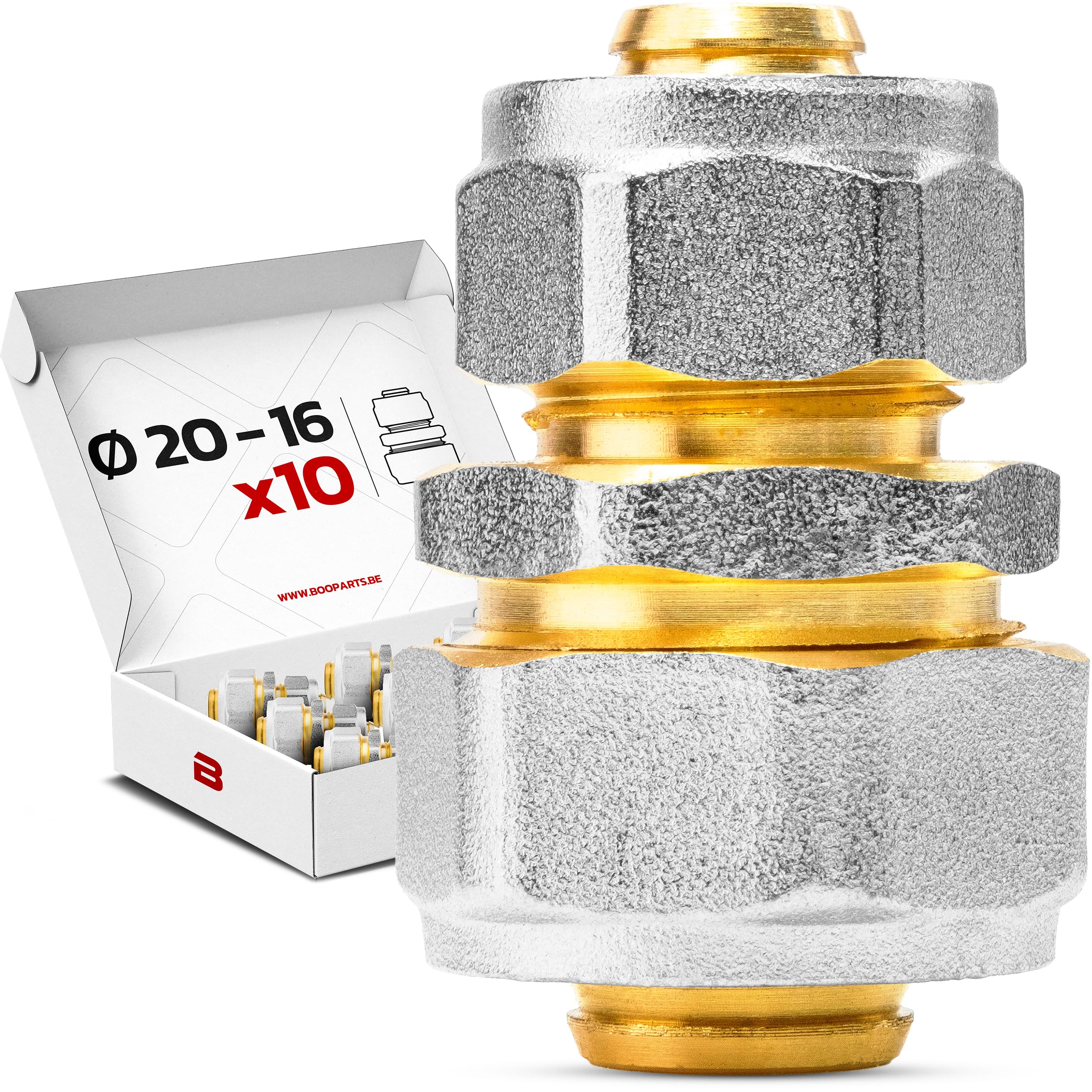 Schraubfitting Reduzierkupplung Ø20–16 mm | Klemmringverschraubung aus Messing für Aluverbundrohr, Mehrschichtverbundrohr, Verbundrohr, PEX & PE-RT | 10 Stück