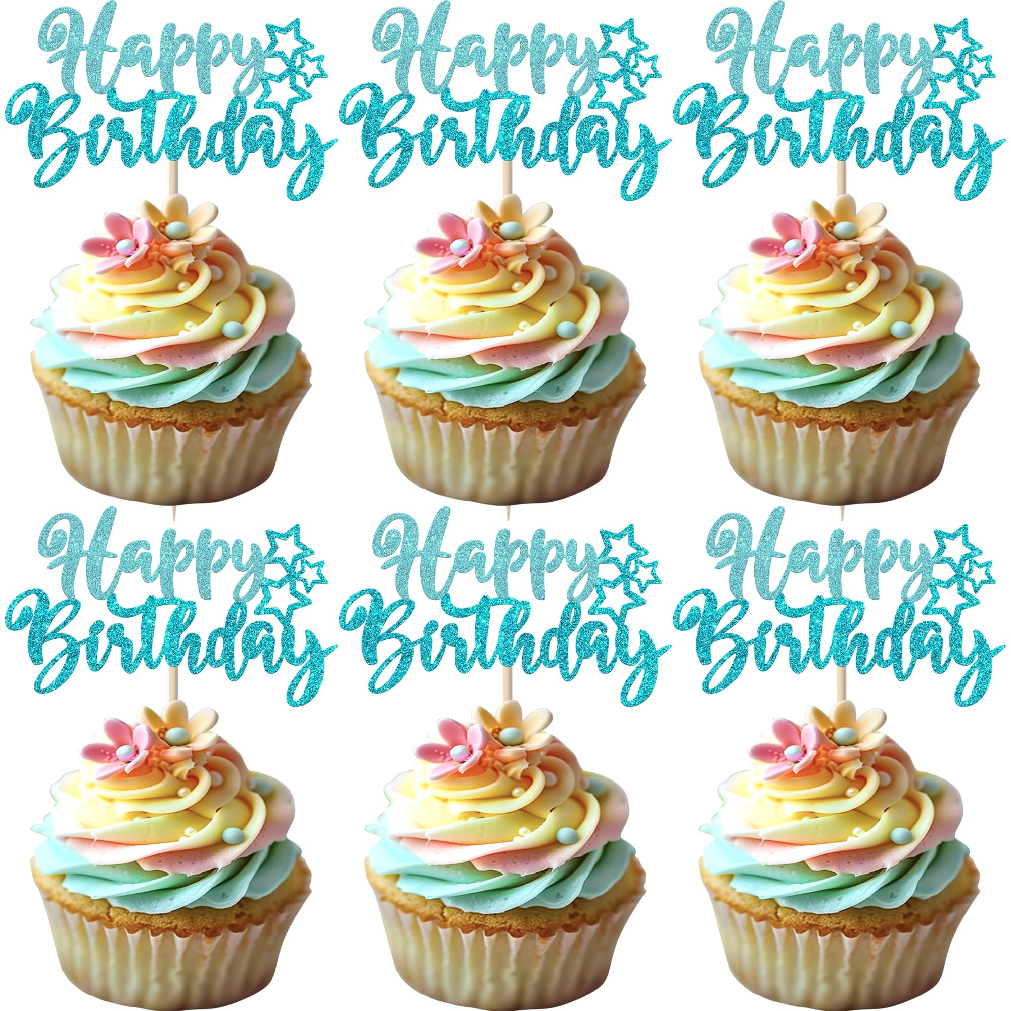 SYKYCTCY 24 Pack Happy Birthday Cupcake Toppers Glitter Happy Birthday Cupcake Picks for Celebrating Birthday Anniversary Theme Party Cake Decorations Supplies Light Blue