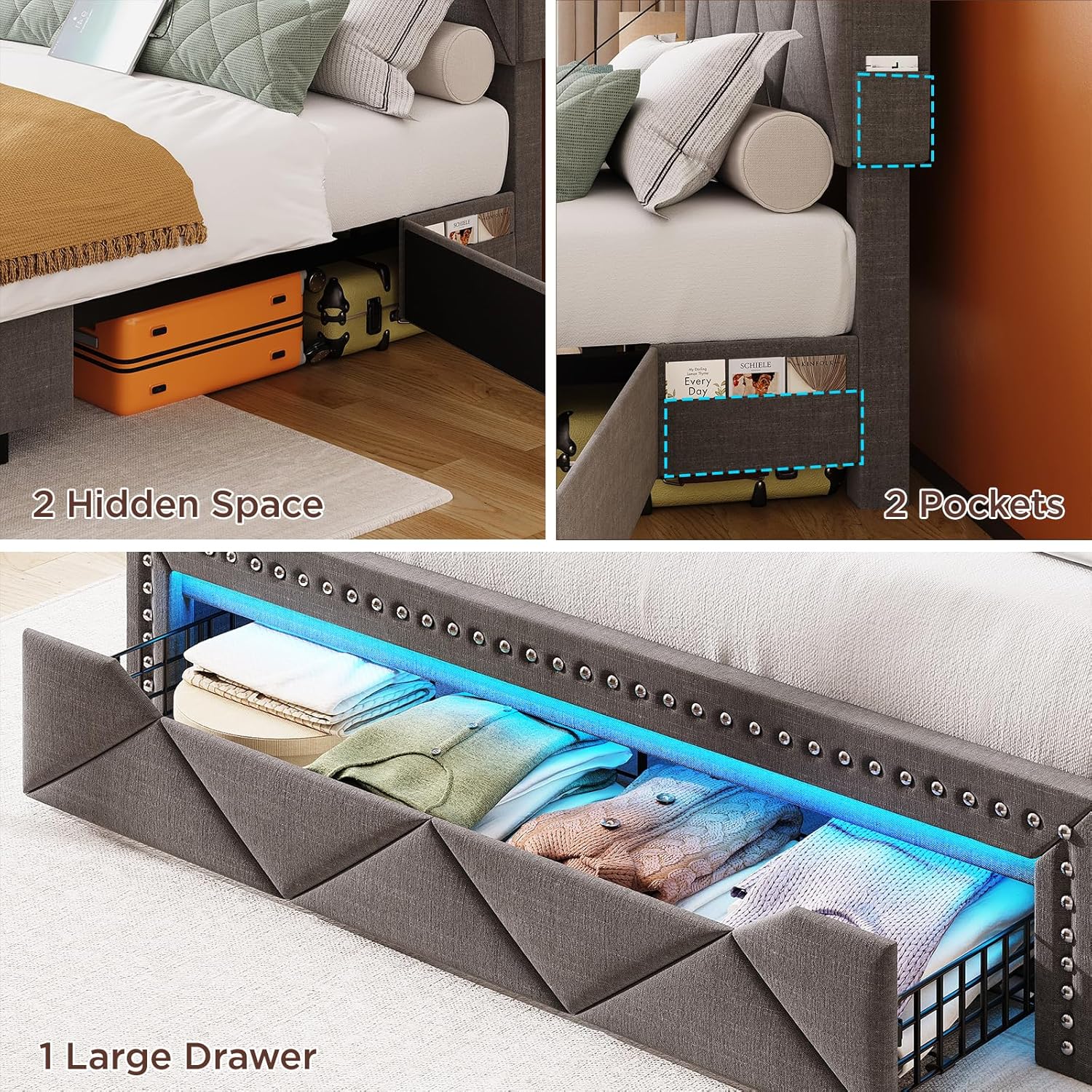 Vabches Queen Size Bed Frame with XL Drawer and Storage Headboard, Upholstered Platform Bed with LED Lights and Charging Station, Large Under Bed Space with Sliding Doors, No Box Spring Needed, Grey