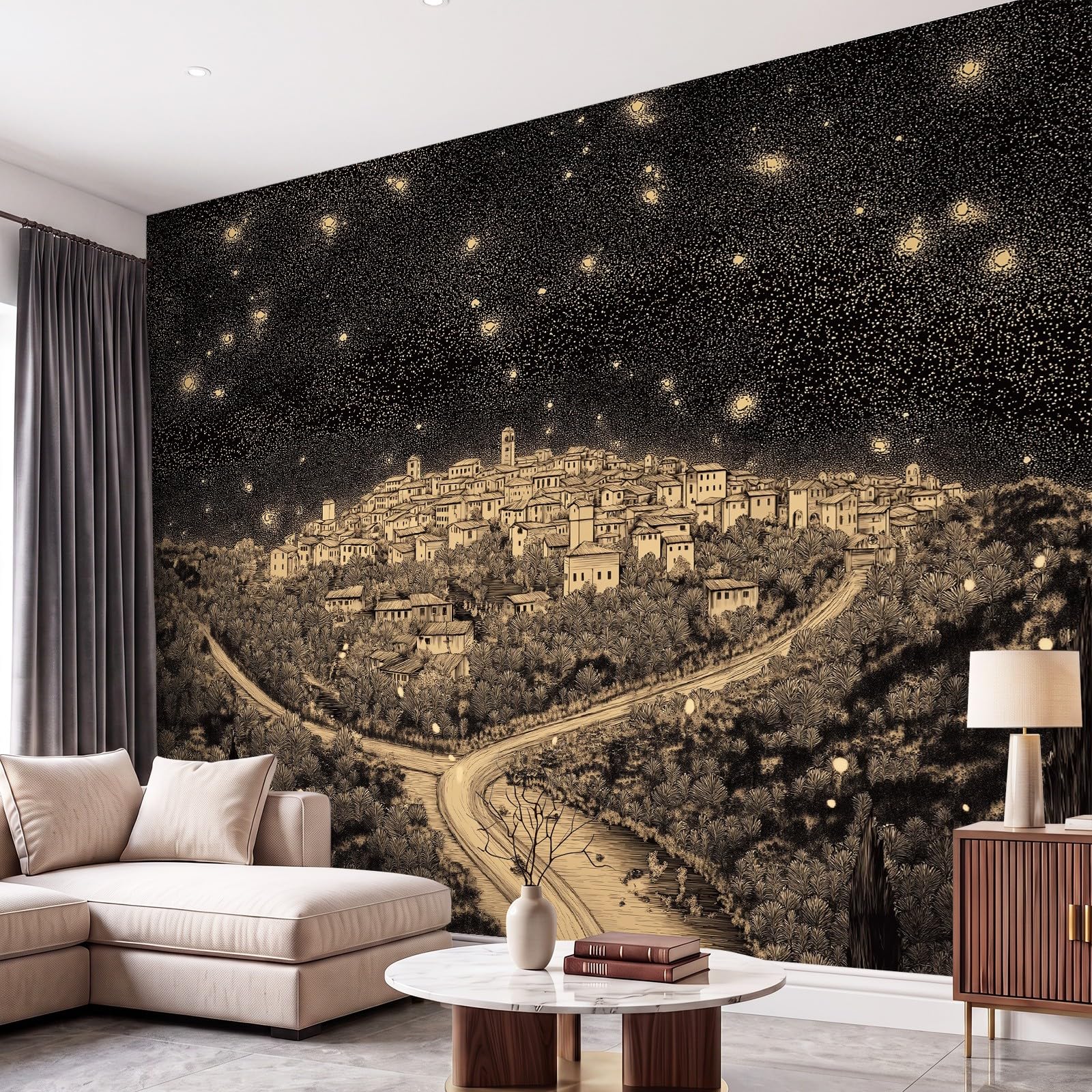 Générique Fototapeta 250 x 175 cm, romantyczna noc vintage, europejskie miasto, gwiaździste niebo, wir, do korytarza, biura, ciemnoszara, dekoracja ścienna