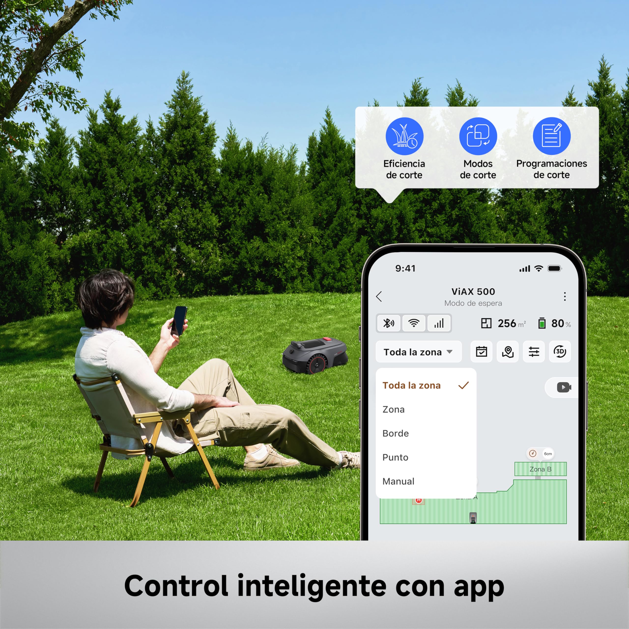 MOVA ViAX 500, Robot cortacésped, mapeo de 600 ㎡, mapeo automático con IA sin RTK, LiDAR de 360° + Visión Dual con IA, esquivación de obstáculos Inteligente, trayectorias en Forma de U