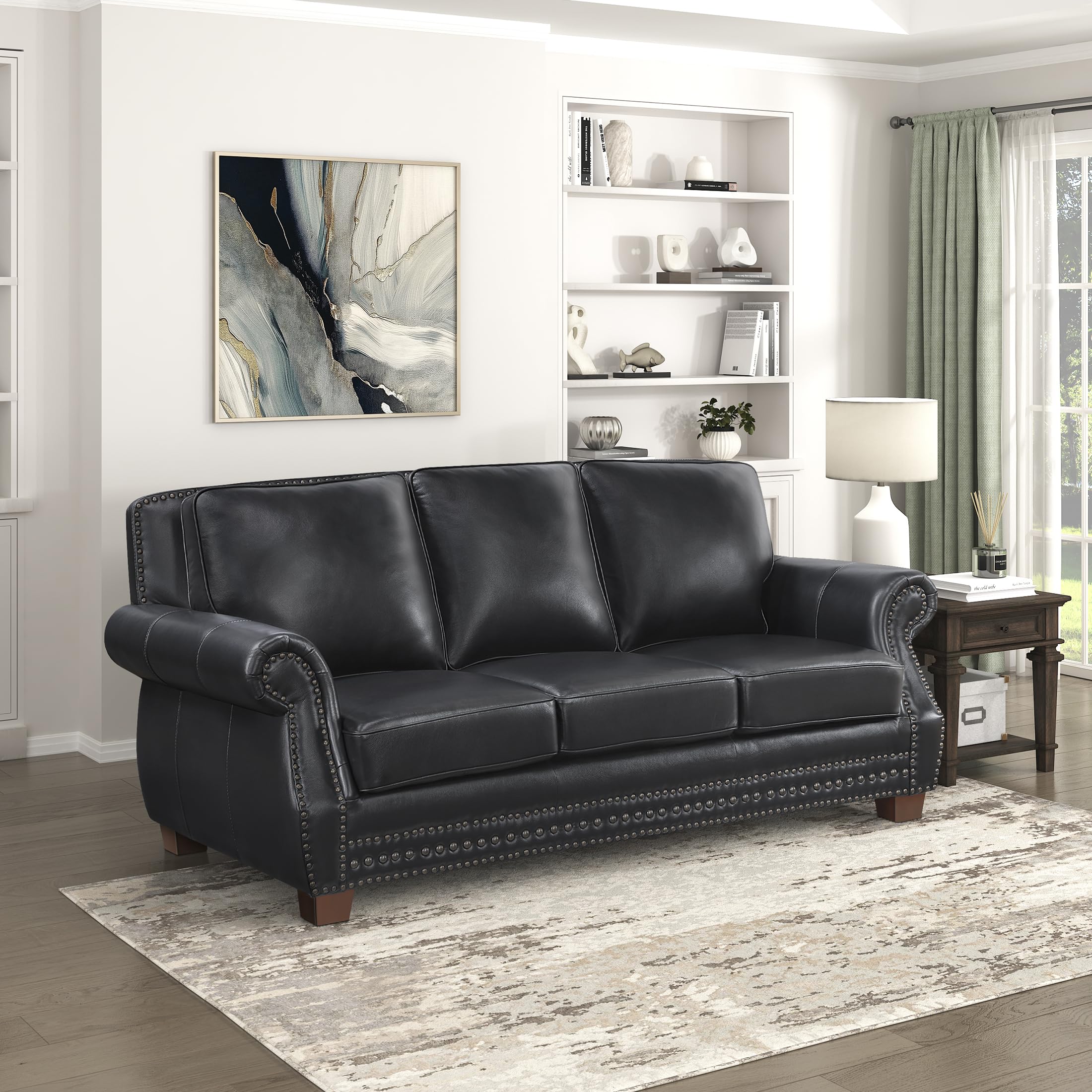 Lexicon 86" W Sofa, Top Grain Leather Match Comfy Sofa with Nailhead Trim, Rolled Arms, Solid Wood Legs, 3 Seater Couch for Living Room/Apartment/