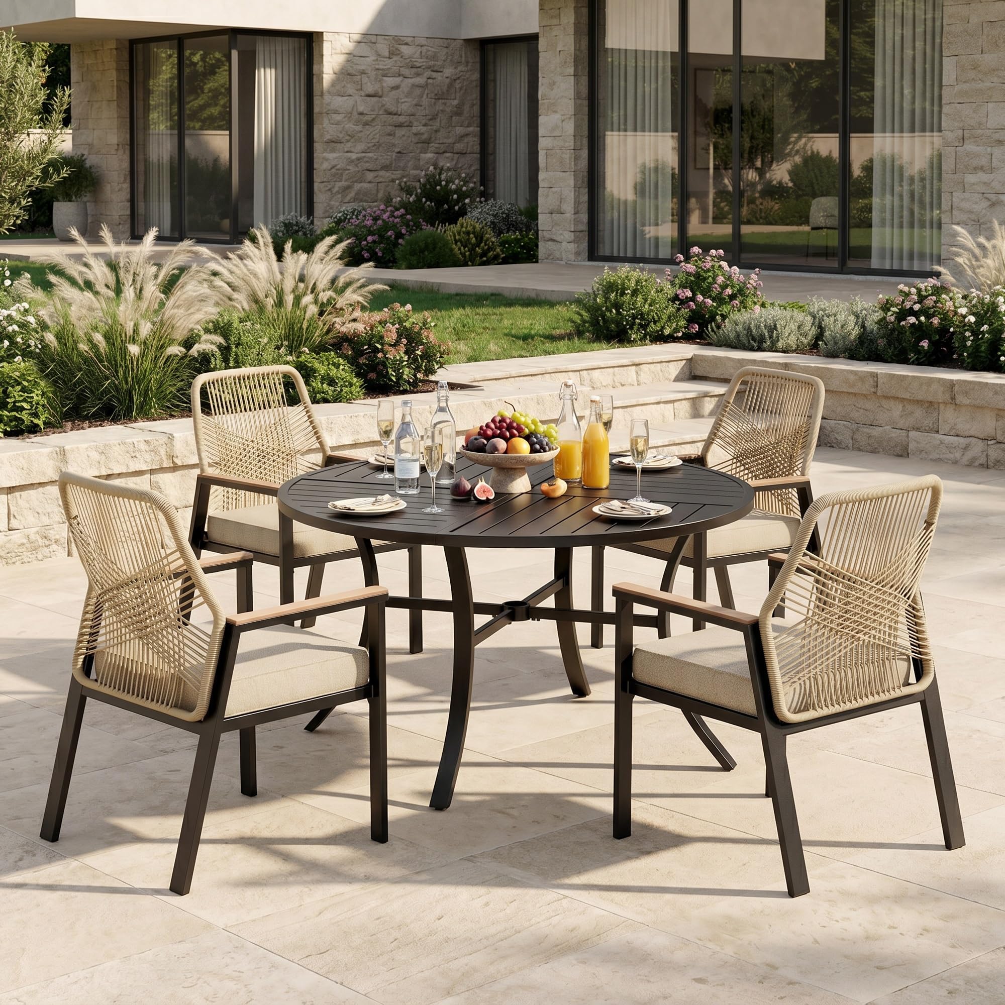 MIXPATIO 5 Pieces Round Outdoor Dining Set for 4, Patio Dining Set Wicker Rattan Chairs with Soft Cushion and 42" Round Table with Umbrella Hole, Round Patio Table and Chairs for Backyard Porch