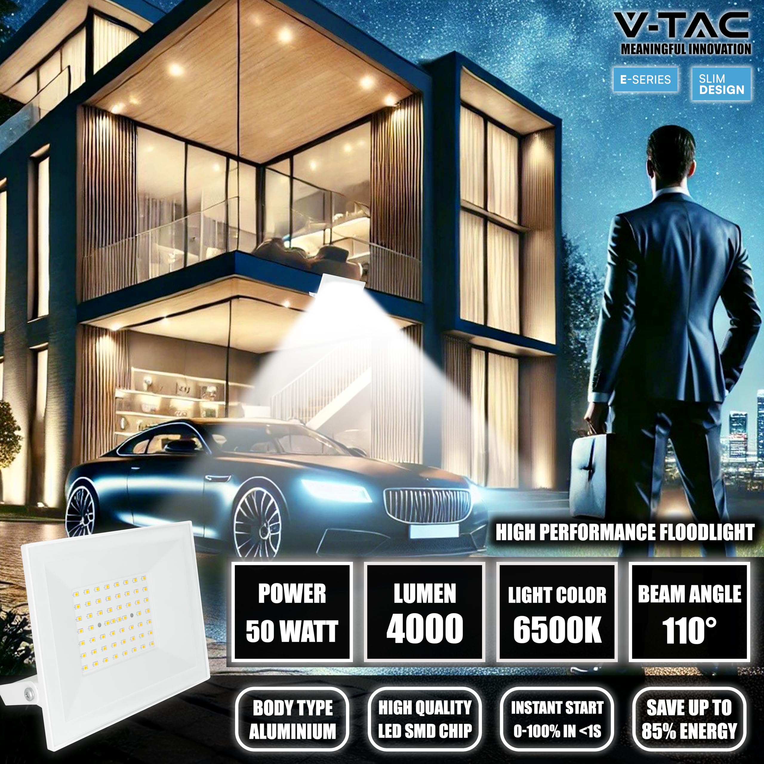V-TAC Foco LED Exterior 50W Blanco – [ E-Series – Altas Prestaciones, Bajo Consumo ] – 4000 Lúmenes – Super Slim – Impermeable IP65 – Proyector para Hogar, Garaje y Almacén – Blanco Neutro 4000K — view 3