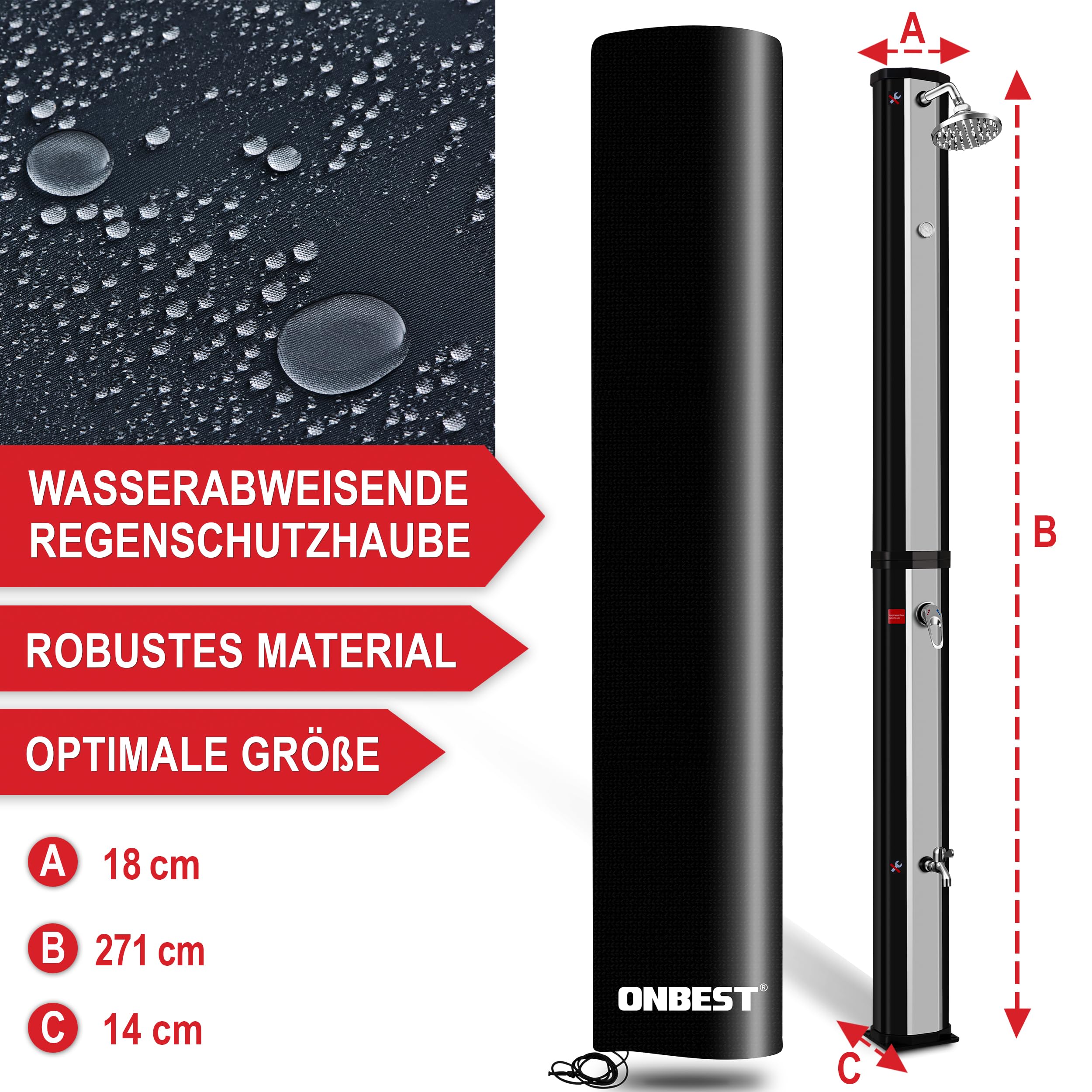 Onbest 35 Liter Solardusche Garten mit Regenschutz – Zusätzlicher Wasserhahn und integriertes Thermometer – 60°C – Warm - Kalt - Regler – Outdoor Gartendusche für Garten, Balkon & Pool – Solar Shower