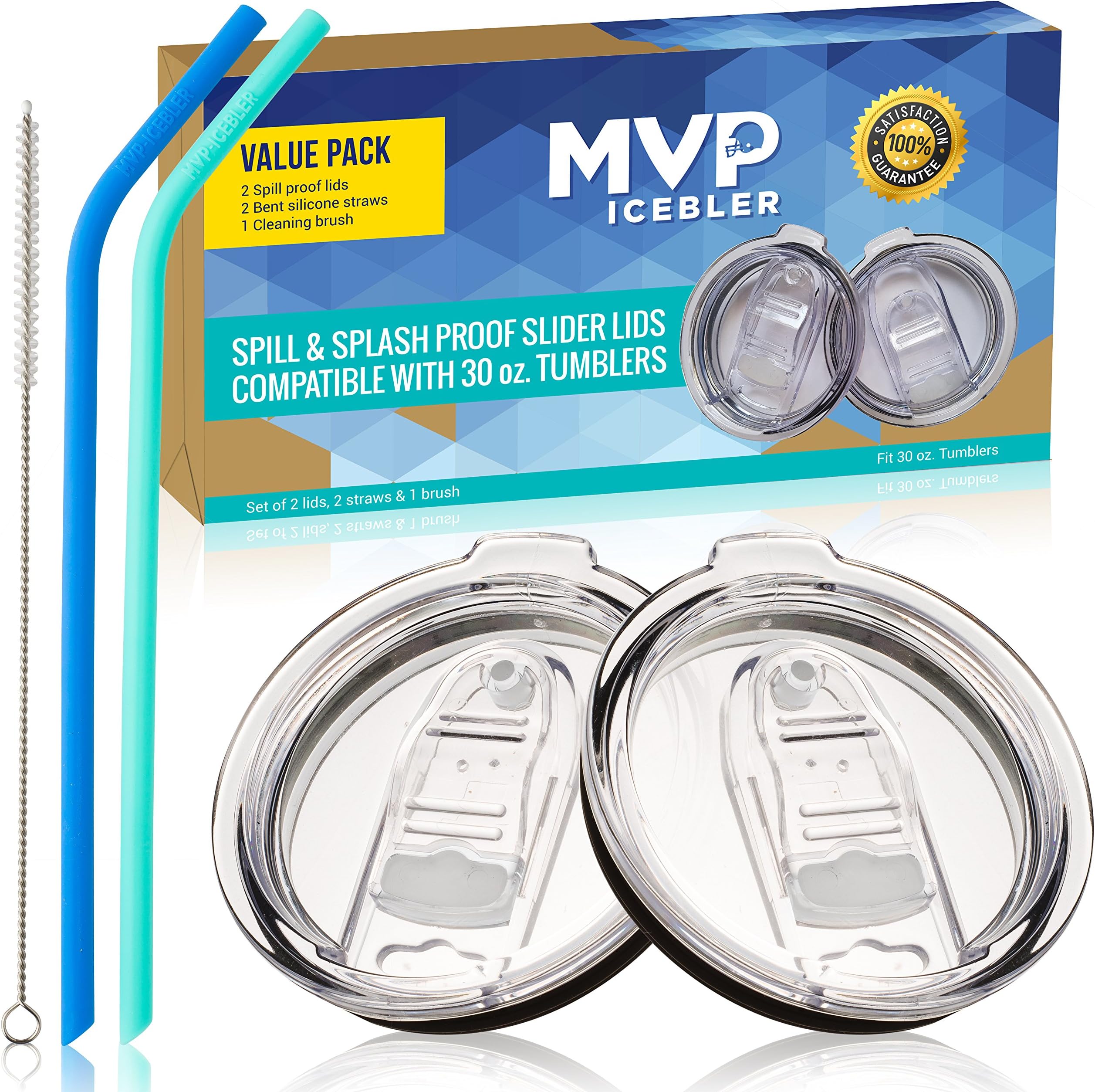 2 Spill Proof Lids for 30 oz Tumbler, No Leak Splash Proof Replacement Slider Lid w/ Air Flow Vent Hole, Compatible with 30 oz Yeti Rambler Lid, Ozark Lid, w/ 2 Straws and a Brush, by MVP ICEBLER