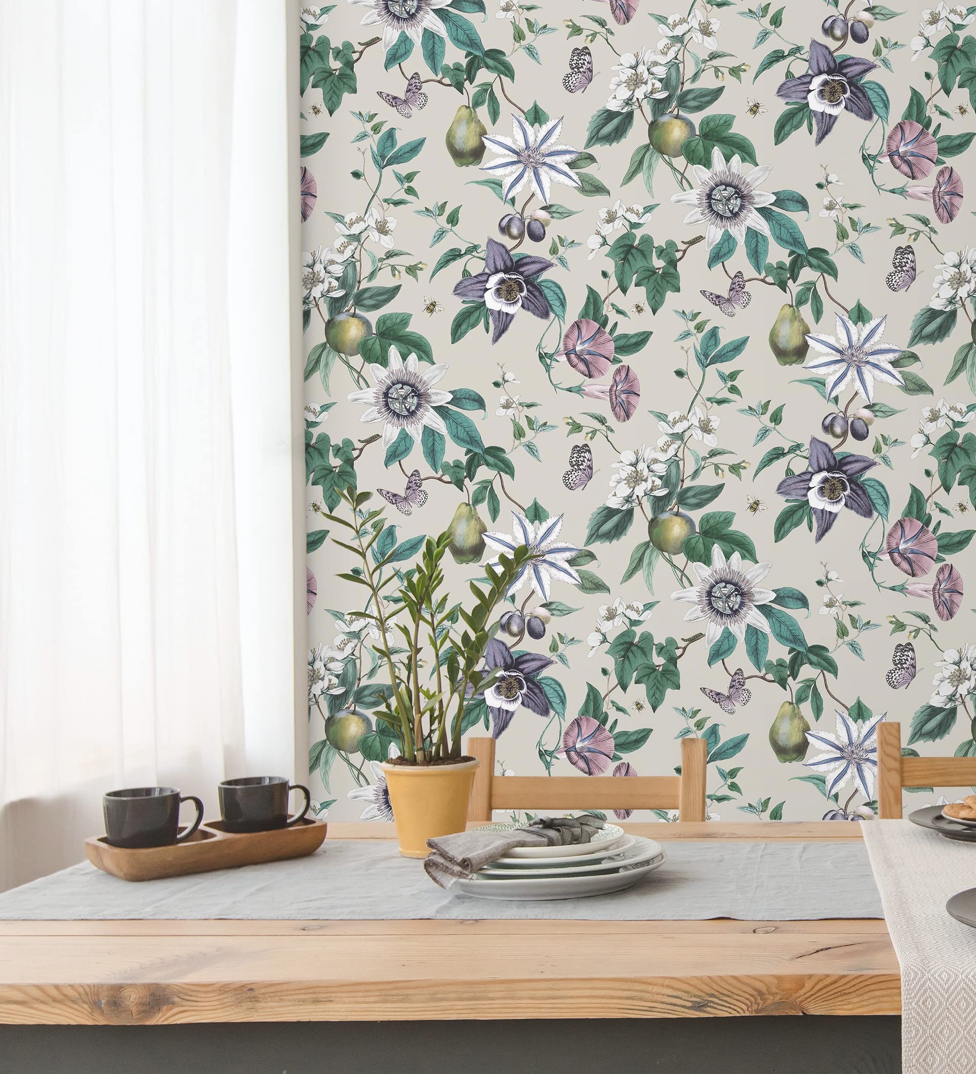 GAULAN 681966 - Papel pintado de flores y frutos fondo nácar beige para pared salón dormitorio pasillo comedor - Rollo de 10 m x 0,52 m