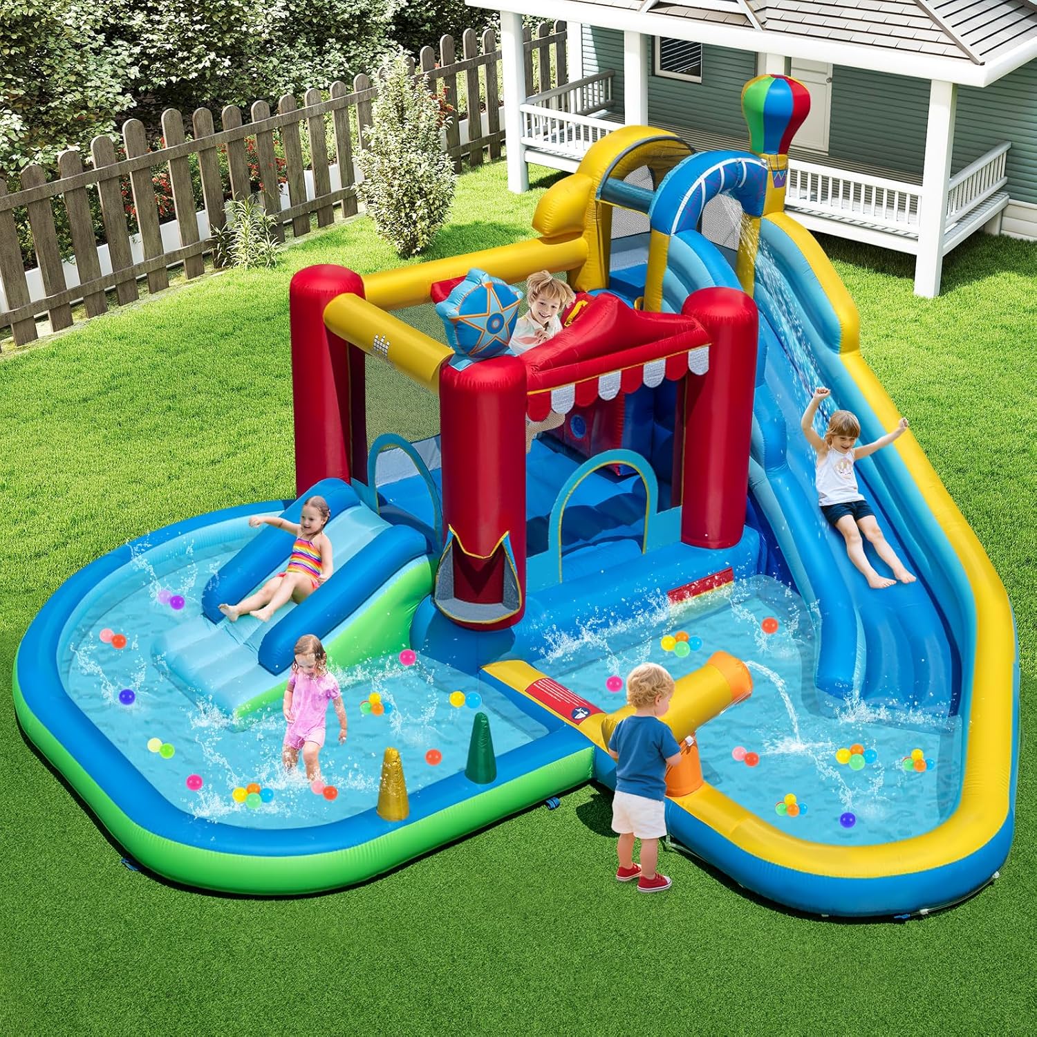 BOUNTECH Inflatable Water Slide, Mega Water Bounce House for Kids 3-12 Indoor with Blower, 2 Ball Pits, Wet Dry Bounce Castle Water Park, Blow up Water Slide Inflatables for Kids Backyard Outdoor