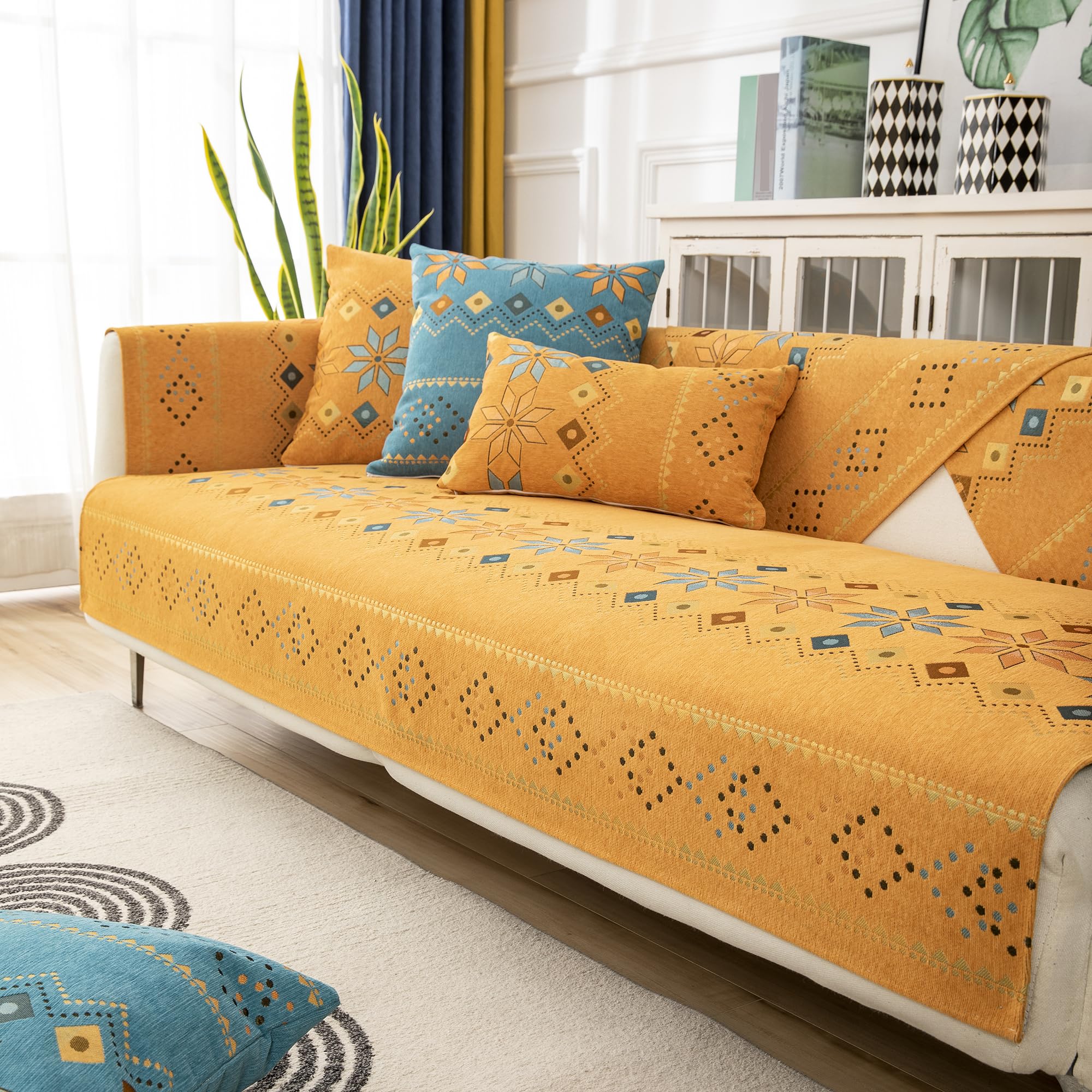 Rosygulls Boho Chenille Couch Covers,Geometric Couch Covers for Sofa,Chenille Couch Cover Non Slip,Sectional l Shaped Sofa Furniture Protector Cover