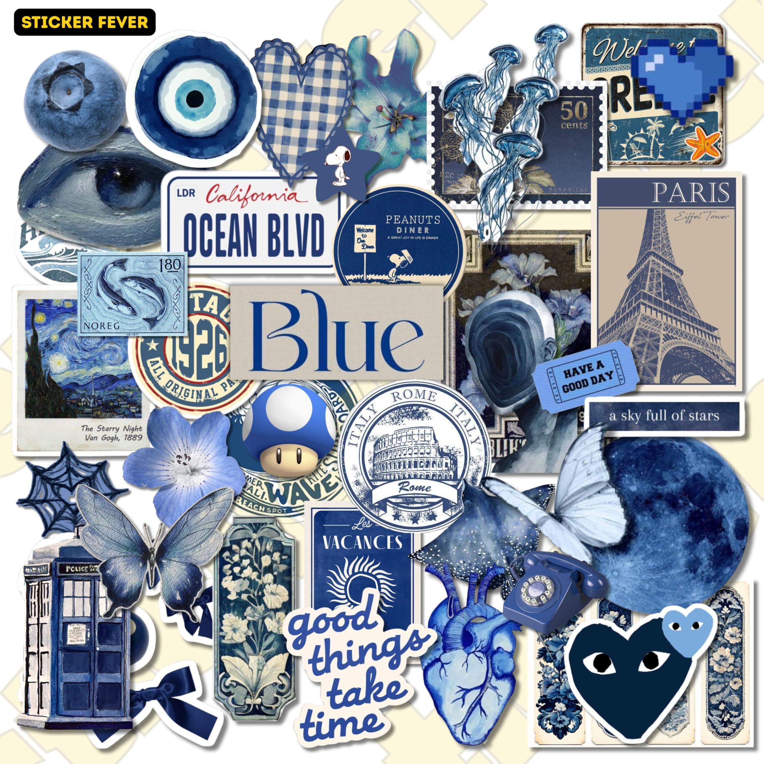 Blue Aesthetic Sticker Pack | Pack of 50 Premium Waterproof Vinyl Stickers for Laptop, Journal, Bottle & Phone (Coral Blue Aesthetic)-image-30