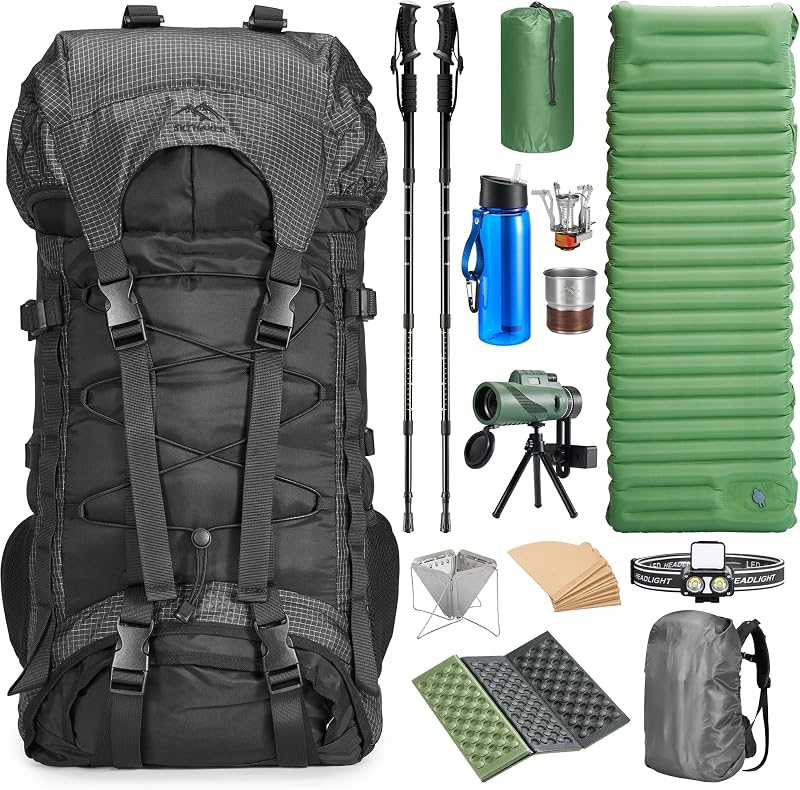 Juego de mochila premium para senderismo y acampada, estilo informal con colchoneta inflable para dormir, bastones de trekking, monocular, botella con filtro de agua y faro LED: elementos esenciales de aventura para exploradores al aire libre