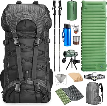 Premium Hiking Camping Backpack Set, Casual Style with Inflatable Sleeping Pad, Trekking Poles, Monocular, Water Filter Bottle & LED Headlamp - Adventure Essentials for Outdoor Explorers