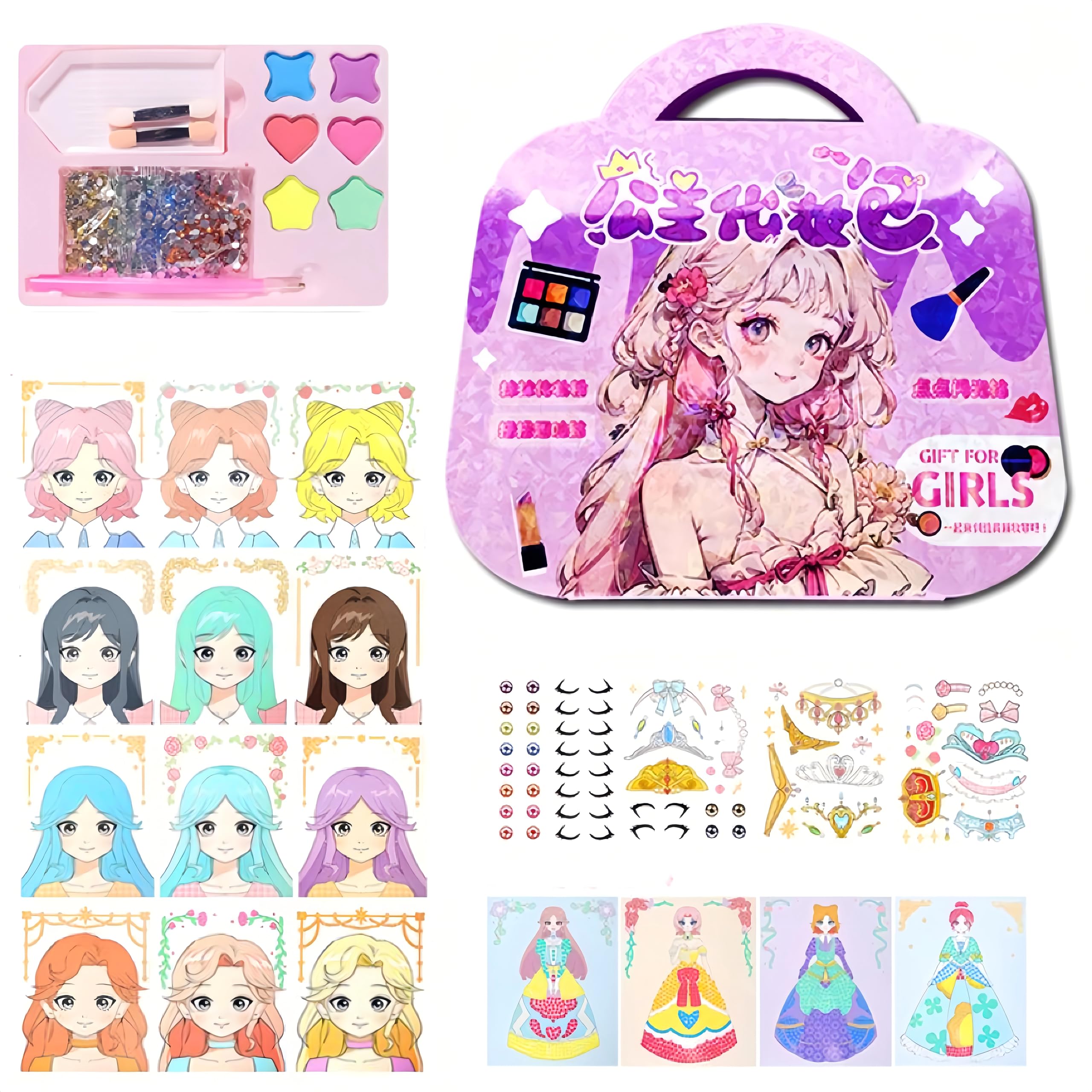 Princess Fantasy 3-in-1 Dress-Up Game Set, DIY Kids Craft Kit with Makeup, Diamond Painting & Stickers - Ideal Gift for Girls Ages 4-8 (Purple)