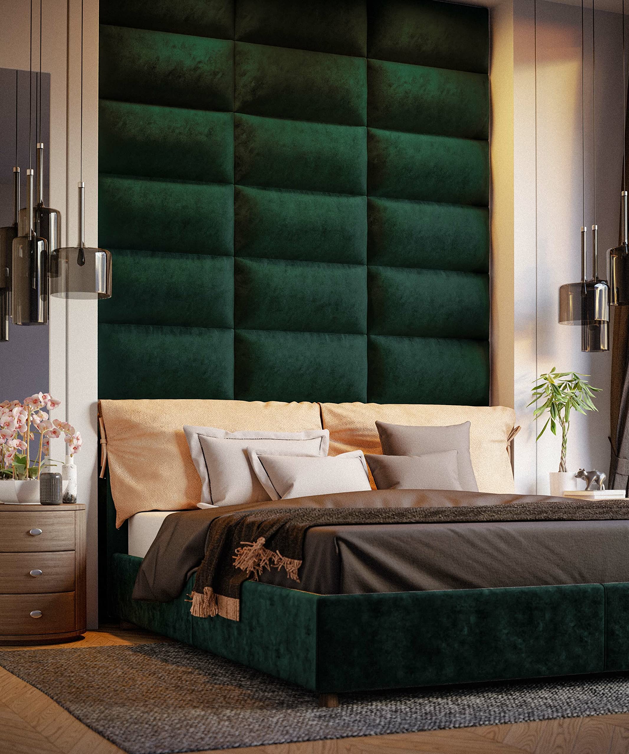 Muralo Fluwelen wandkussen, stoffen bekleding, paneel voor slaapkamer, woonkamer, bed, muurkussen, bed-hoofdeinde lendenkussen, modern luxe gewatteerd bekledingspaneel, flessengroen, 60 x 15 cm
