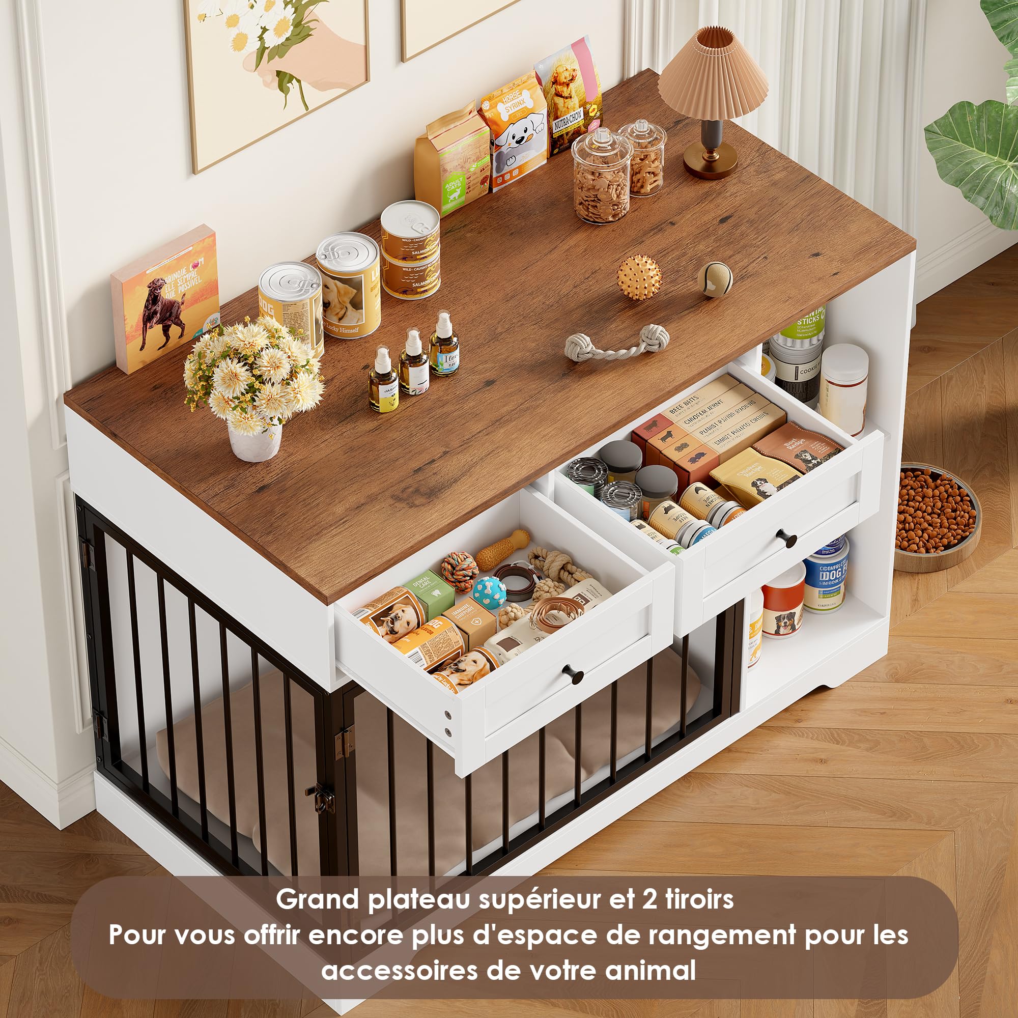 FirFurd 120 cm Cage pour Chien, Cage Chien Interieur avec 2 Porte 2 Tiroirs 2 Étagères, Niche pour Chiens Meuble Cage Chiens en Bois 120x60x87cm Blanc+Marron