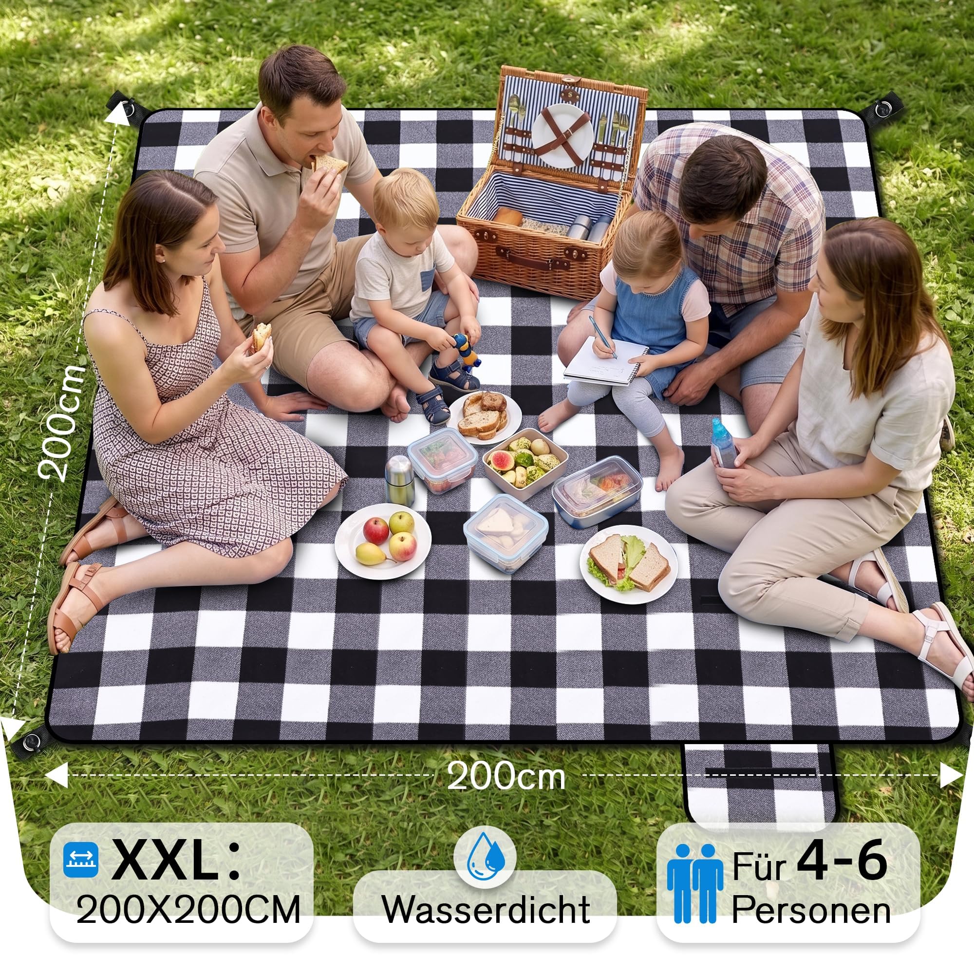 Gucass Koc piknikowy, wodoszczelny, 200 x 200 cm, koc piknikowy z uchwytem do noszenia, składana mata plażowa, bez piasku, nadaje się do prania, BBQ, piknik, wędrówki, w podróż, koc kempingowy (kratka
