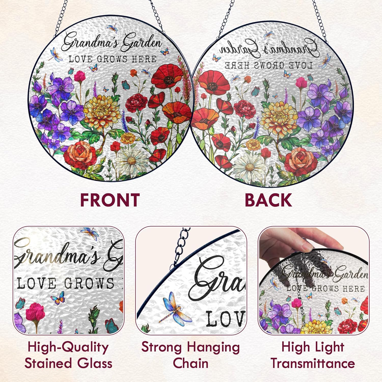 FLAGWIX Grandma Gifts - Grandmas Garden Stained Glass Window Hanging with Base 8 in - Mothers Day Decorations Nana Gigi Gifts for Grandma, Sun Catchers Indoor Window for Home Garden Decor - Image 4