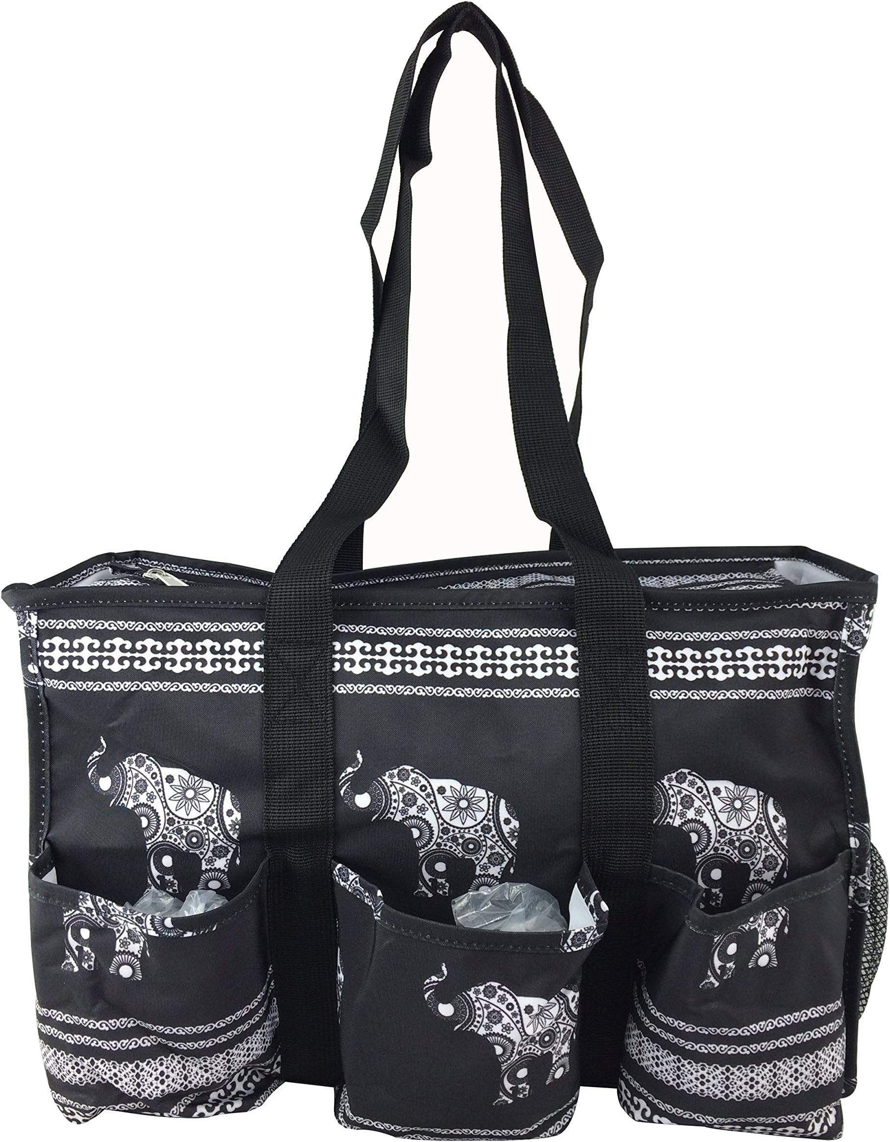 7-Pocket Tote Bag With Zipper (Black Elephant)