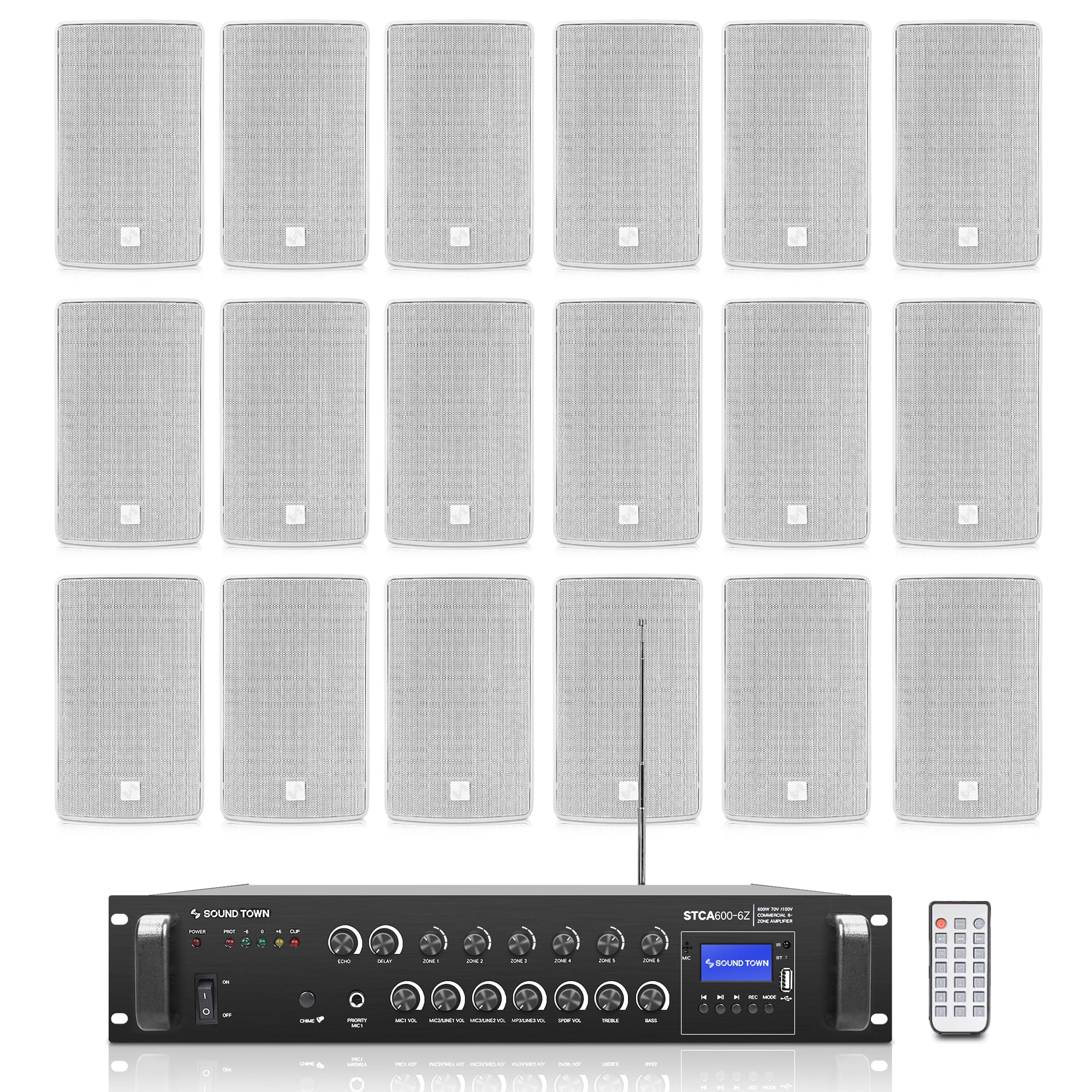 Sound Town Commercial Restaurant Bluetooth Amplifier + Surface-Mount Speaker Set, with One 6-Zone 70V/100V Amplifier with Bluetooth, 18 x 6.5-Inch Surface-Mount Speakers, White (STCA600X18TV6W)