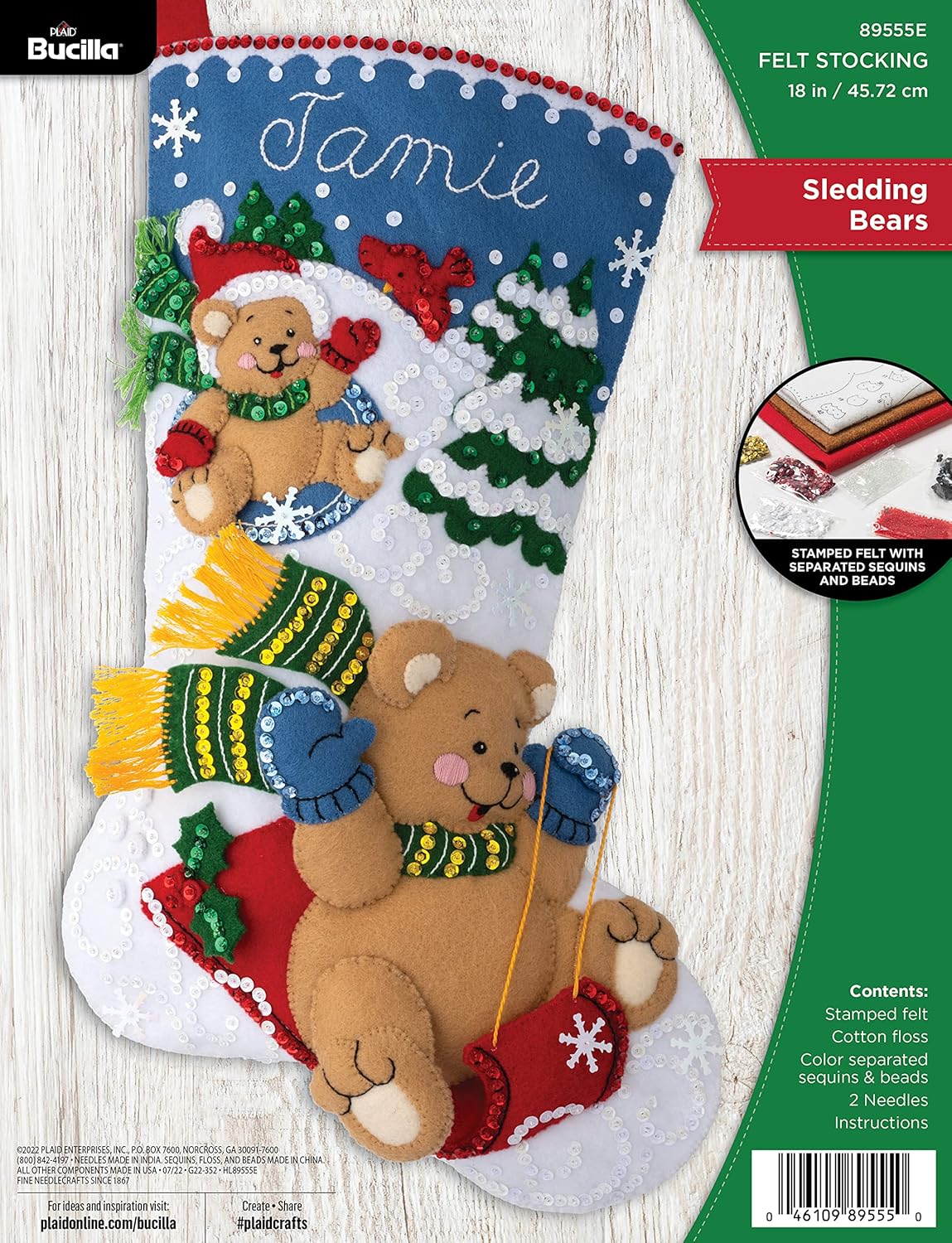 Plaid, Sledding Bears Bucilla 18" Felt Applique Stocking Making