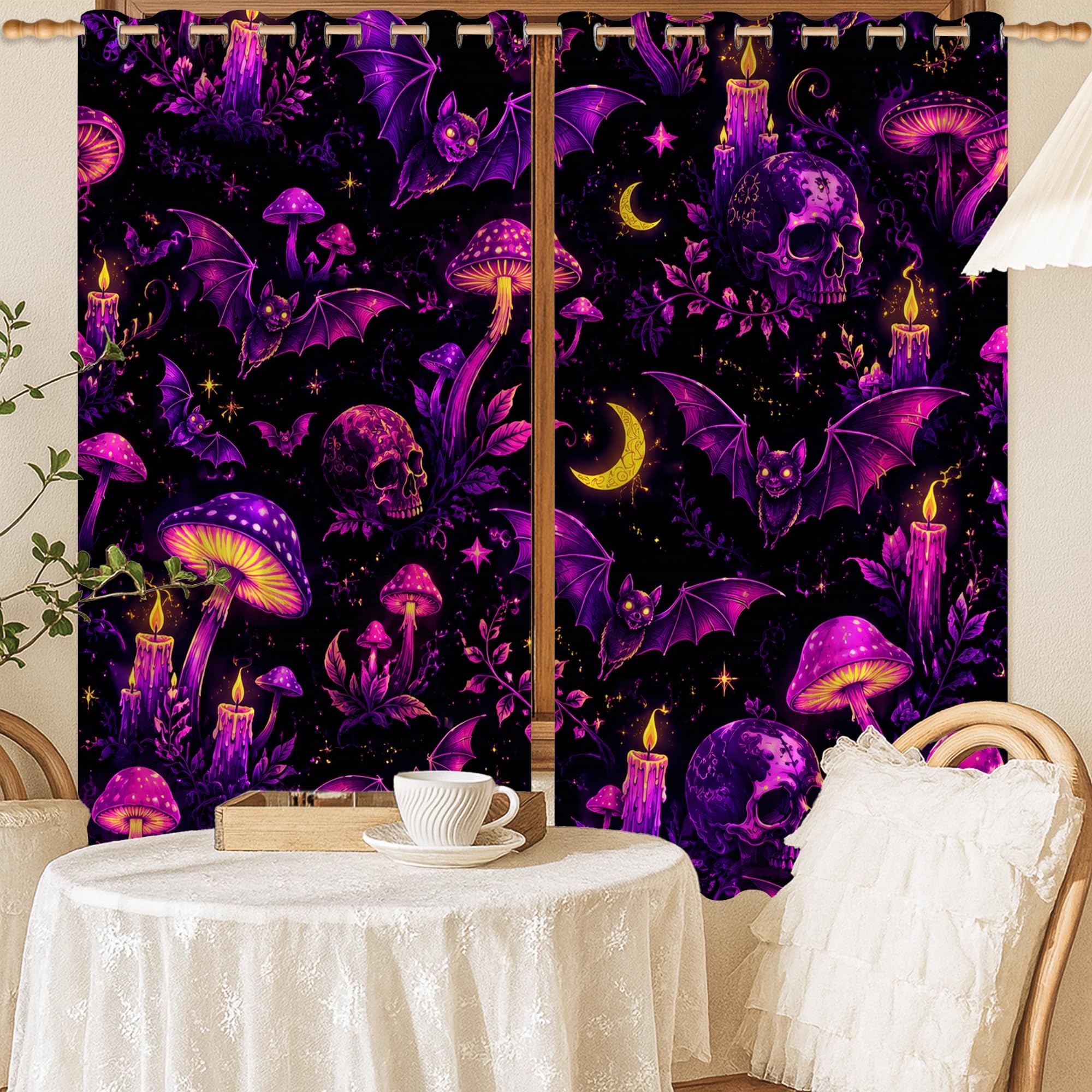 Rideaux occultants de chambre enfant 132x137cm isolation thermique violet tête de mort chauve-souris