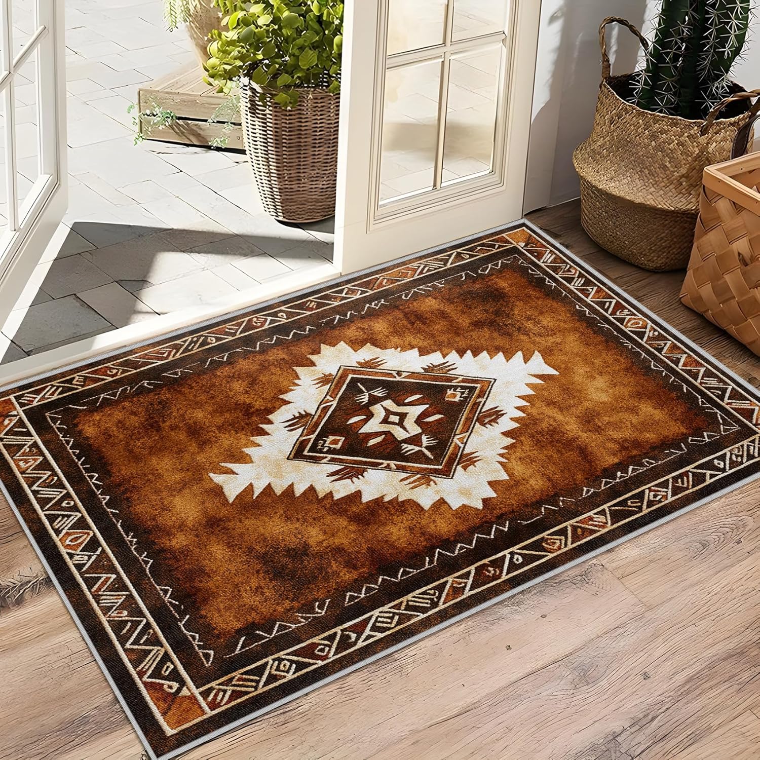 Aztec Rugs for Living Room - 2x3 Rug, Rustic Tribal Area Rug, Bohemian Farmhouse Washable Non Slip Soft Rugs, Brown Geometric Carpet, Western Navajo Home Decor, Aztec Gifts for Men