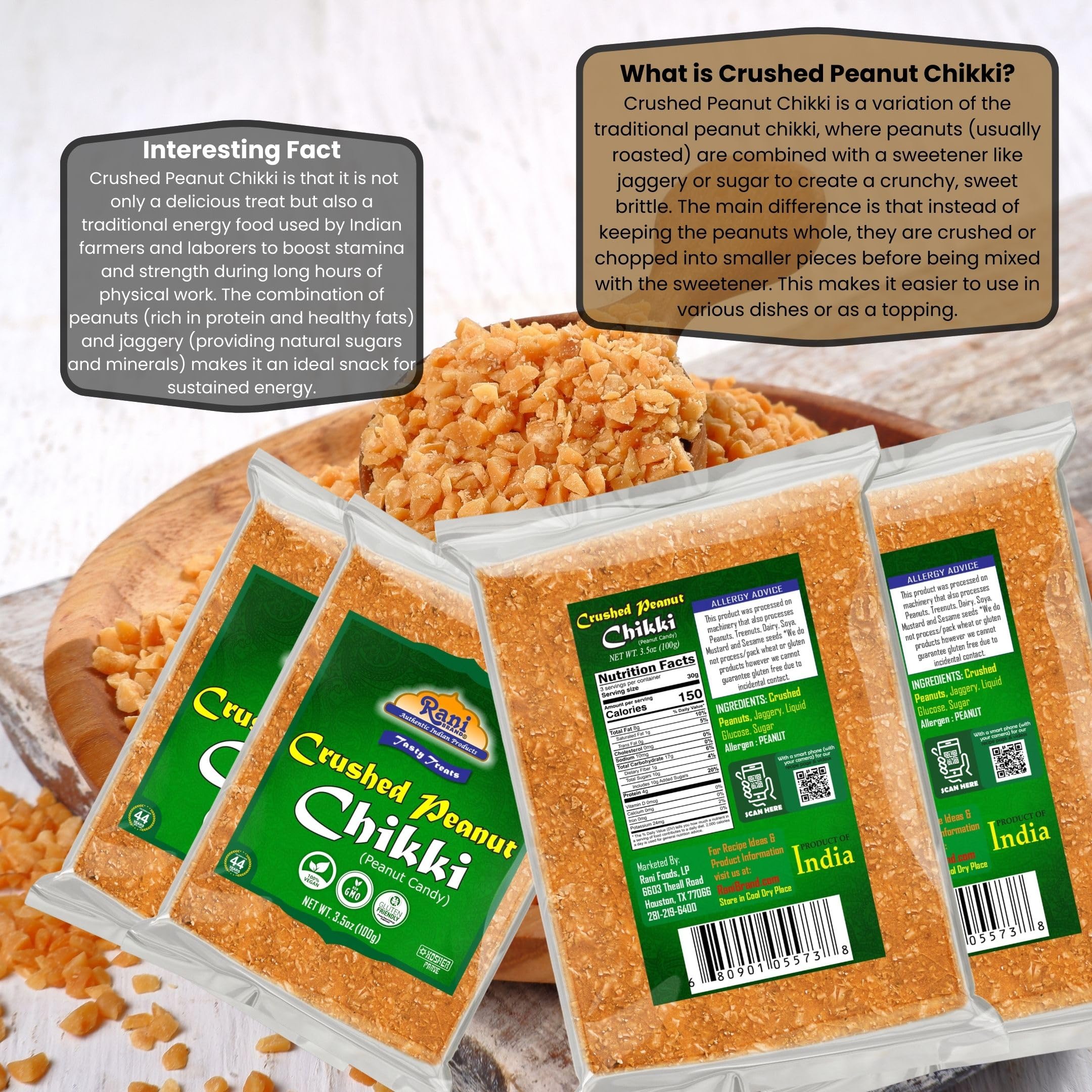 Rani Crushed Peanut Chikki (Brittle Candy) 3.5oz (100g) x Pack of 2 ~ All Natural | Vegan | No colors | Gluten Friendly | Kosher | Indian Origin