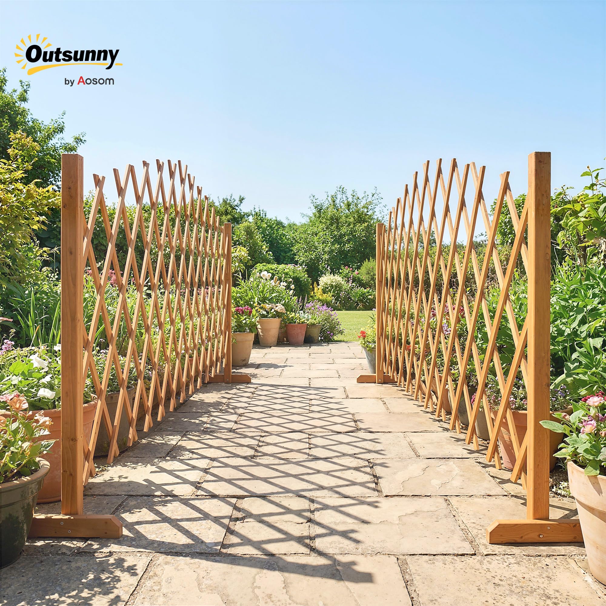 Outsunny Absperrgitter 2er-Set Ausziehbar Holz 180 x 30 x 103 cm Braun | Scherengitter, Freistehende Scherensperre mit Standfüßen, Schutzgitter für Terrasse, Garten, Balkon, Flexible Absperrung