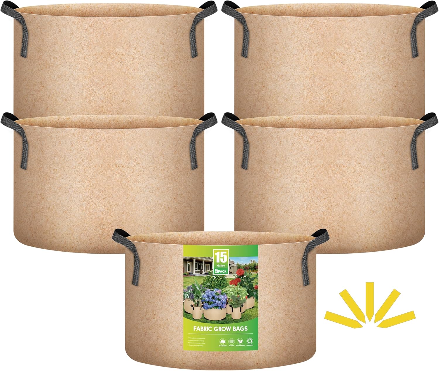 iPower 5-Pack 15 Gallon Plant Grow Bags Thickened Nonwoven Aeration Fabric Pots Heavy Duty Durable Container, Strap Handles for Garden, Tan New