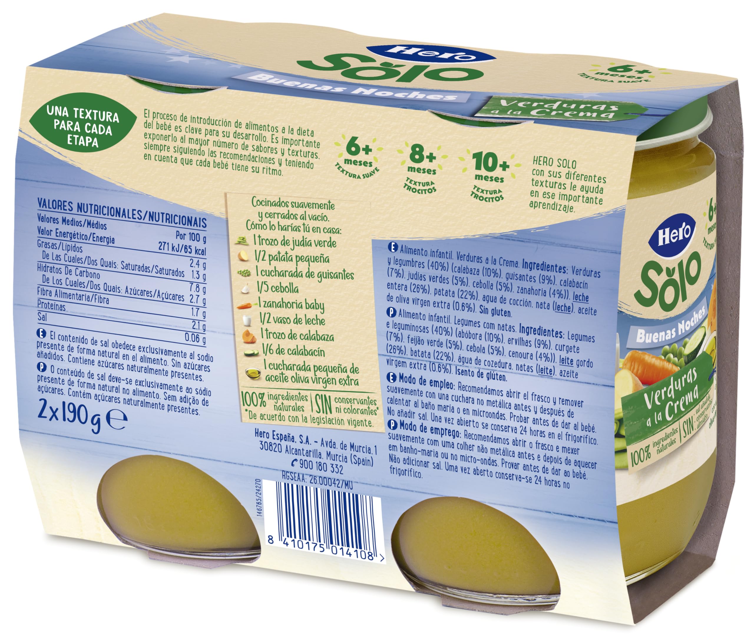Hero Baby Buenas Noches Tarritos de Verduritas a la Crema, Sin Sal Añadida, 6 x 190 g