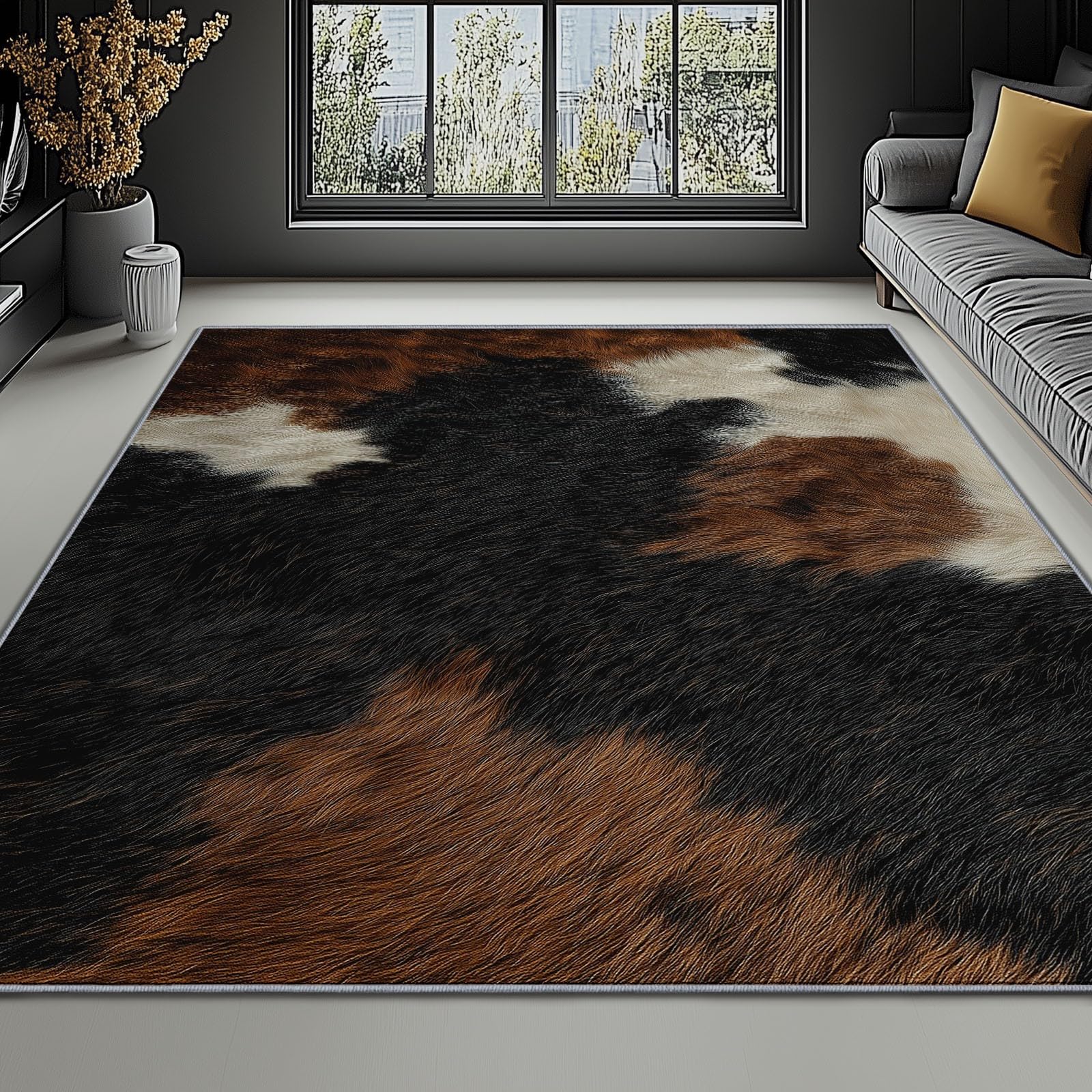 Teppich Wohnzimmer Waschbar 80x150 cm – Kuhfell Optik Kurzflor Teppiche rutschfest, Felloptik Braun Schwarz Weiß, Weicher Schlafzimmer Teppich & Flächenteppich, Moderner Flächenteppich Pflegeleicht