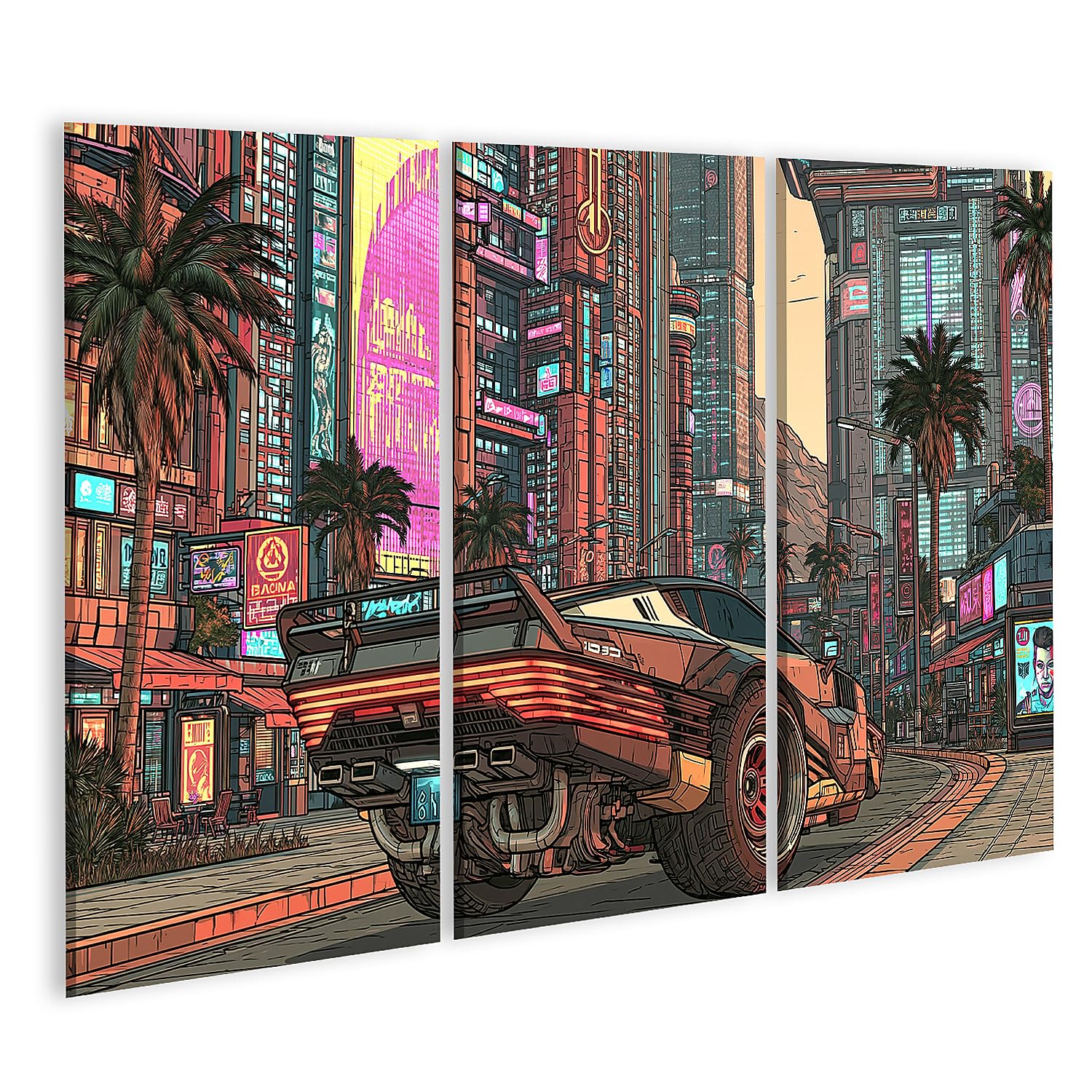islandburner Quadro su tela, paesaggio cittadino, futuristico, cyberpunk, per soggiorno, perfetto per gli appassionati di fantascienza, 3 pezzi