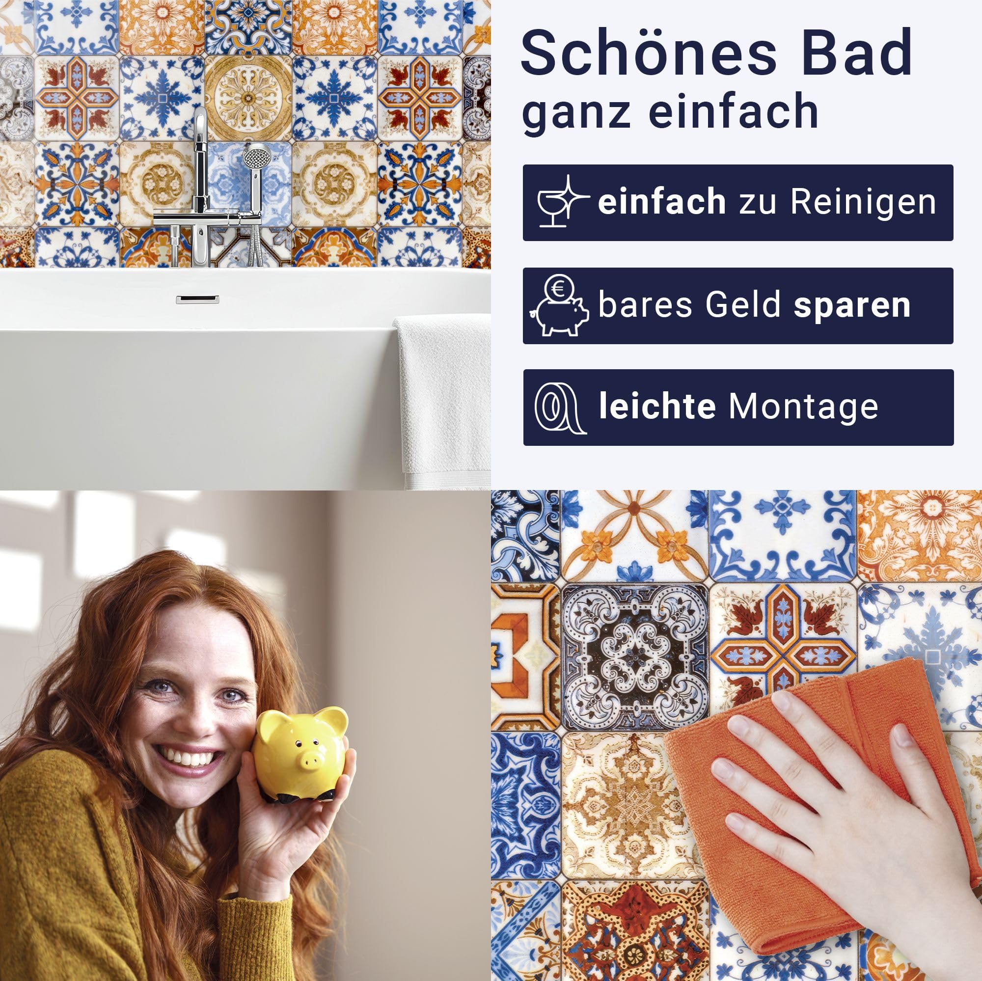 timalo Waschbecken und Badewannenrückwand 120 x 60 cm - aus Acrylglas | Azulejo Muster – mediterrane Fliesen | Wandpaneele Bad Badrückwand Platte Badewanne Rückwand Badezimmer Glasoptik