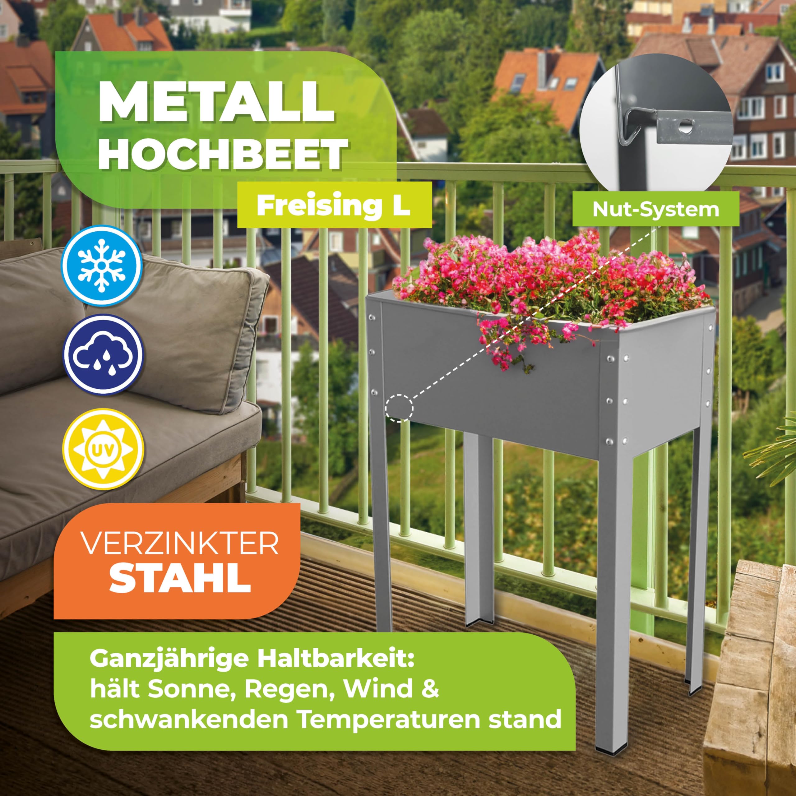 Bio Green Carré Potager en Métal Freising-L, Gris, 60 x 30 x 80 cm