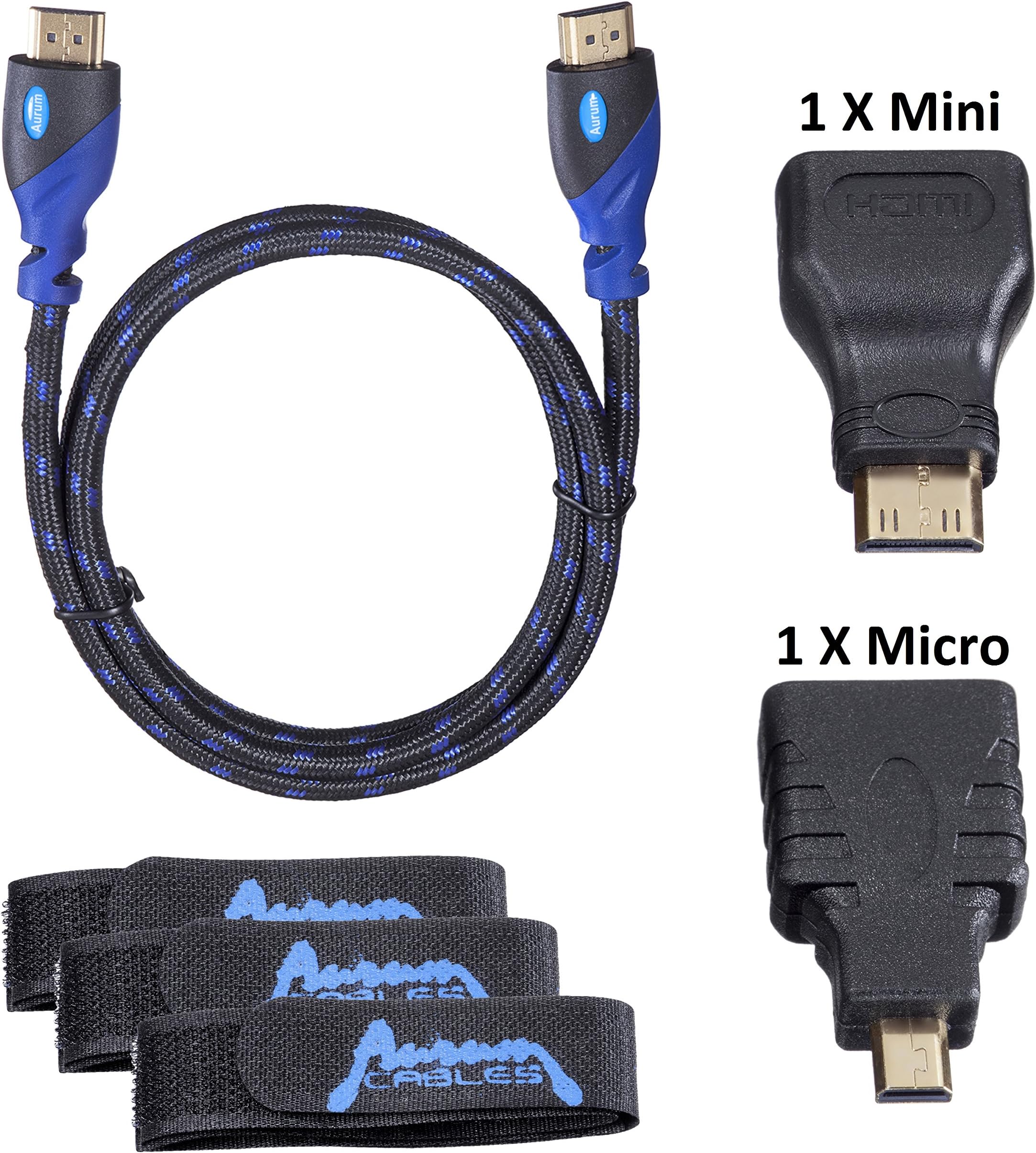 Aurum Cables High Speed HDMI Cable (6 Ft) with Ethernet Supports 3D & Audio Return Channel - 6 Feet - with a Mini & Micro HDMI Adapter + Velcro Cable Ties