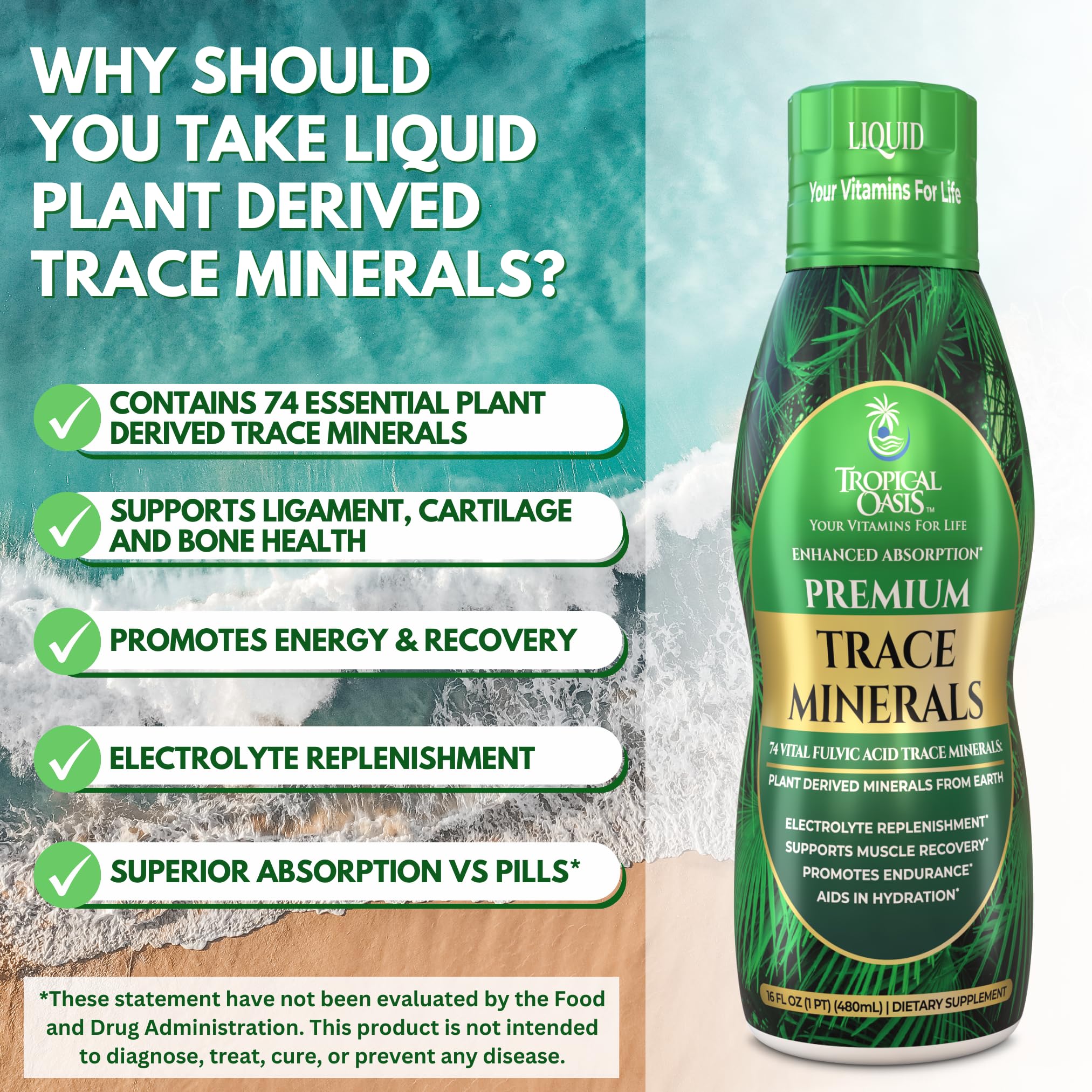 Tropical Oasis - Premium Ionized Plant Based Trace Minerals Liquid Formula- 74 essential minerals in liquid form for up to 96% Absorption - 16 oz, 32 servings — Amazon image 4