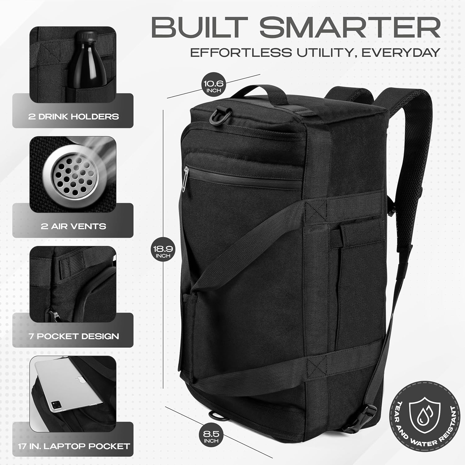 3-in-1 Duffle Bag Backpack with Shoe & Laptop Pocket, Cup Holder, Ventilated Gym & Travel Bag