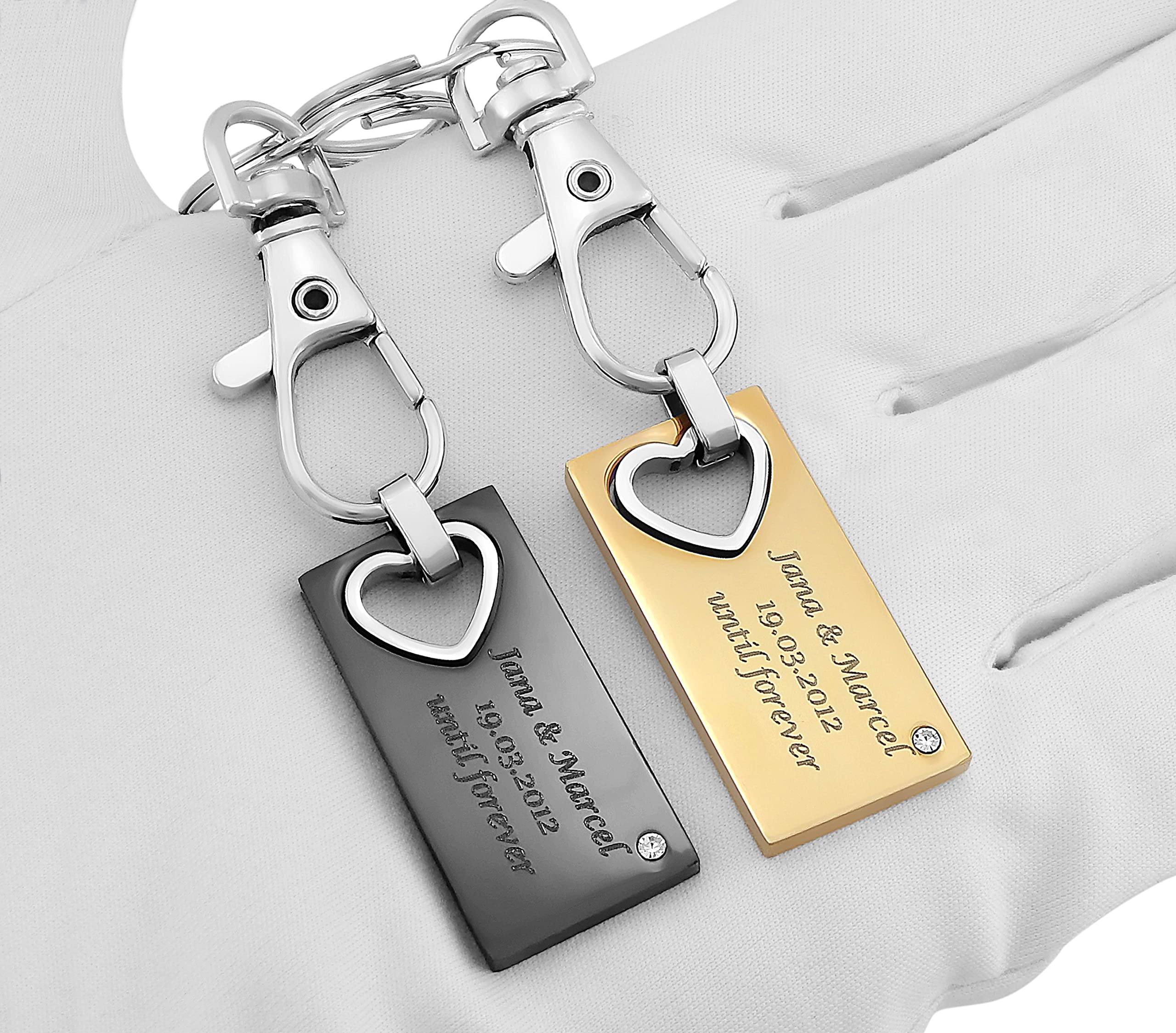 Schlüsselanhänger personalisiert 2 Stück Herz mit Stein | Gravur Set Edelstahl Silber schwarz Gold | Personalisierte Schlüsselanhänger für Paare, Partner, Freunde, Familie