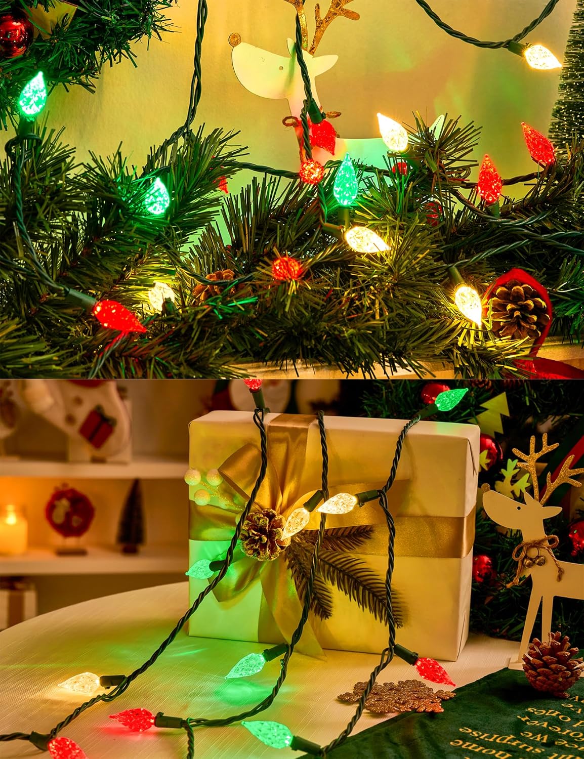 BOHON Red White and Green Christmas Lights Outdoor, Faceted C6 50ft 100 LED String Lights Plug in, Extendable Green Wire Christmas String Lights for Indoor Patio Xmas Tree Decoration