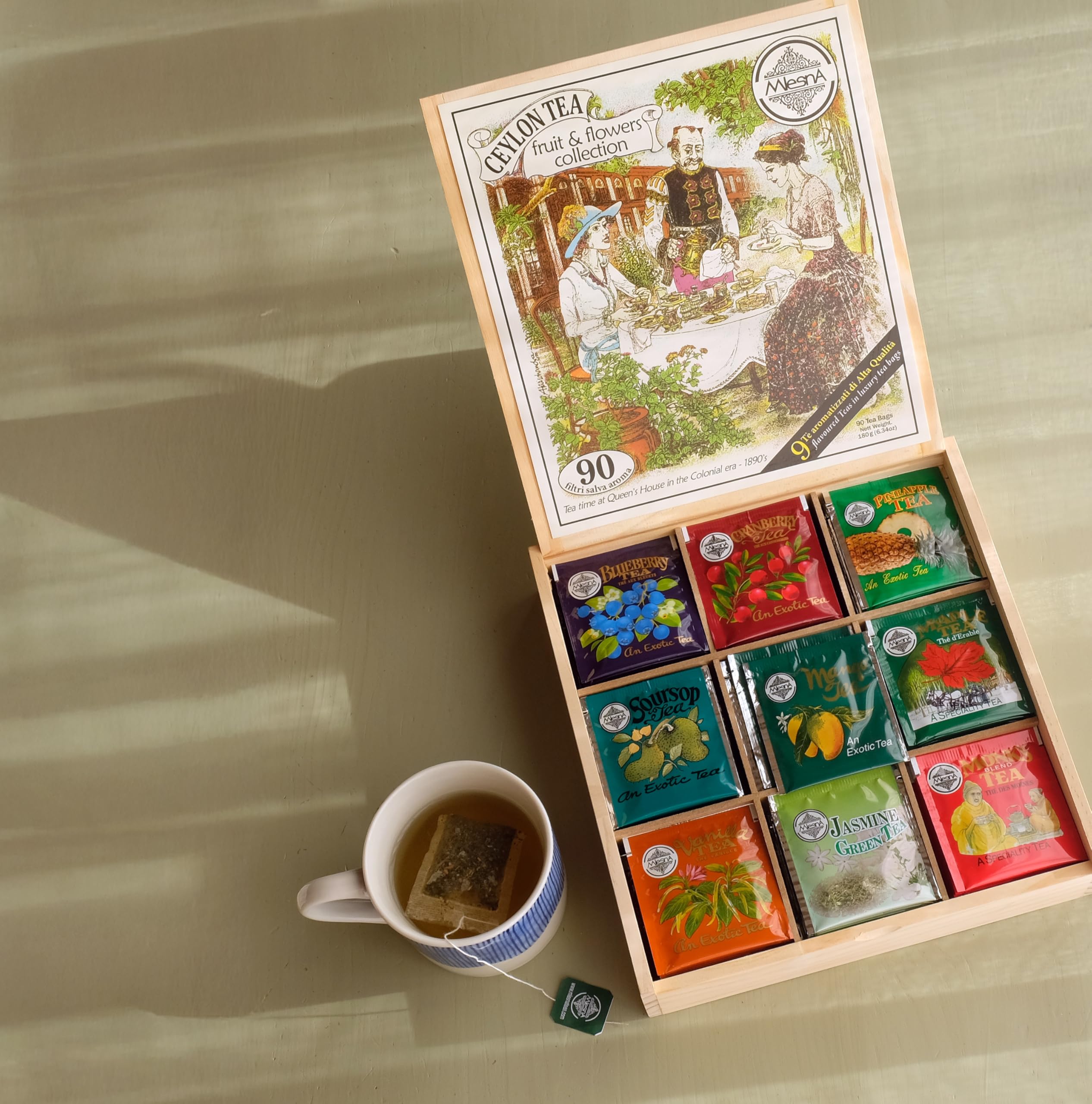 Mlesna Fruit & Flower Collection – 9 Tè Aromatizzati – Scatola in Legno da 90 Filtri